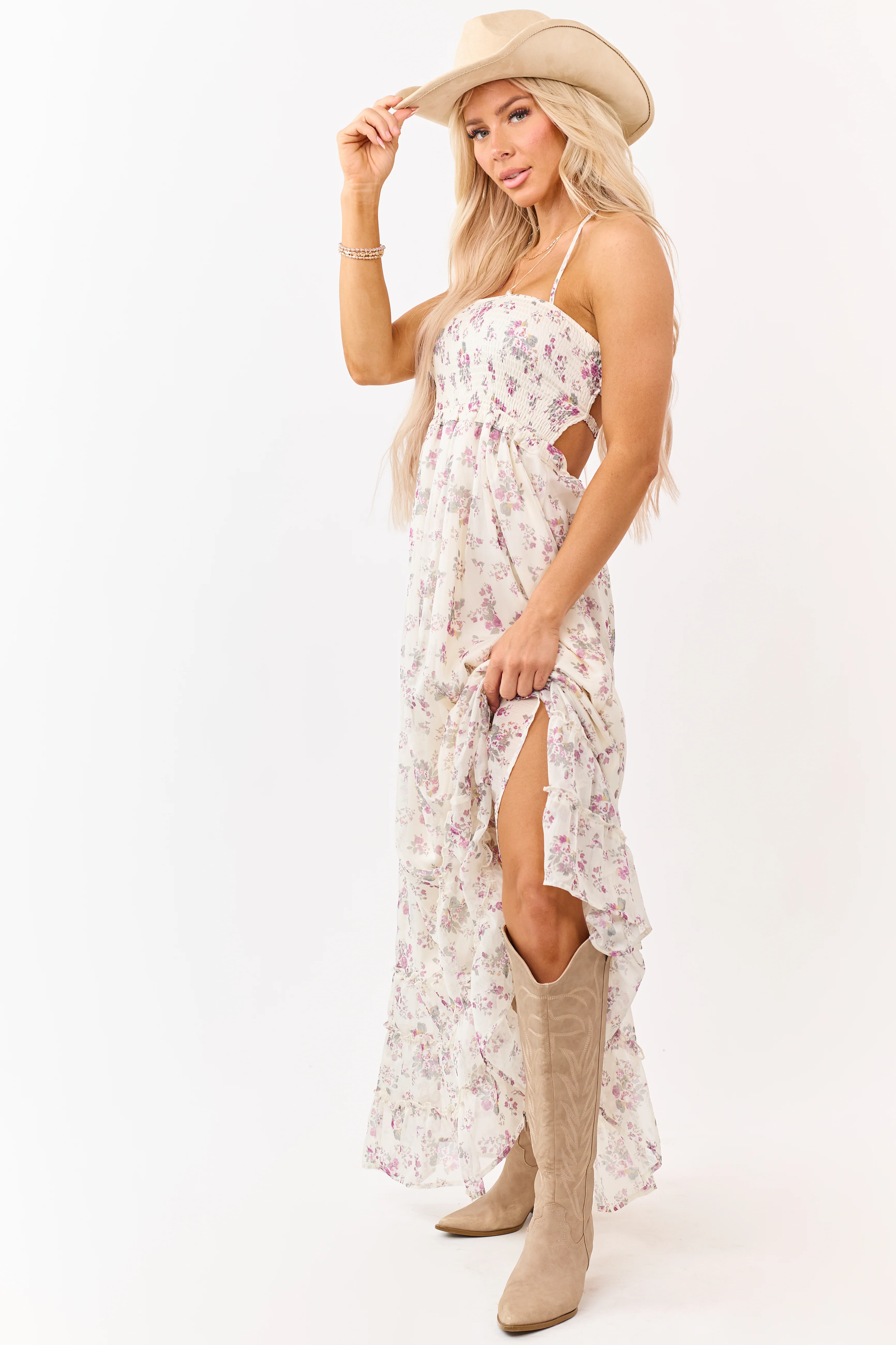 Cream Floral Print Backless Halter Neck Maxi Dress - Image 5