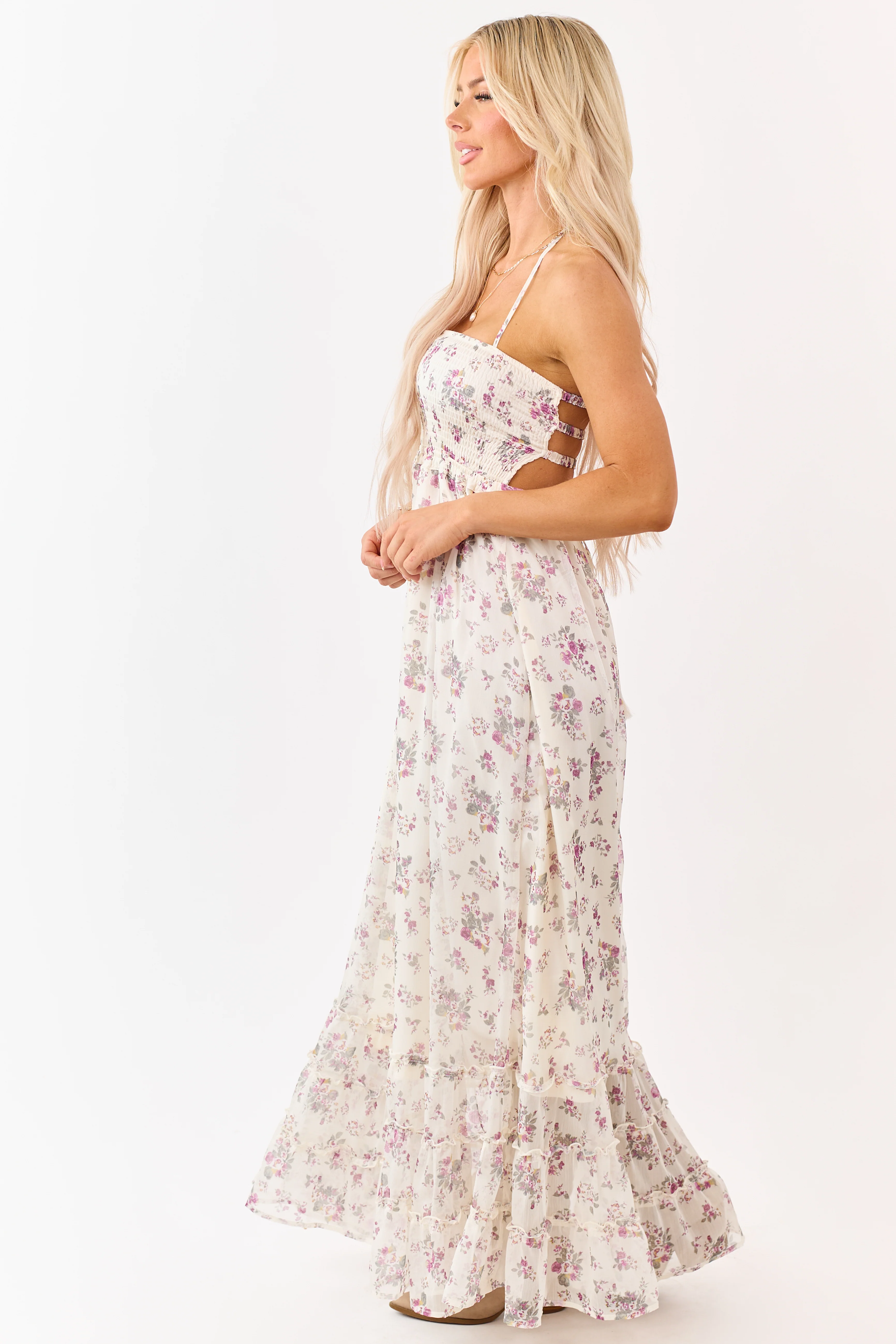 Cream Floral Print Backless Halter Neck Maxi Dress - Image 6