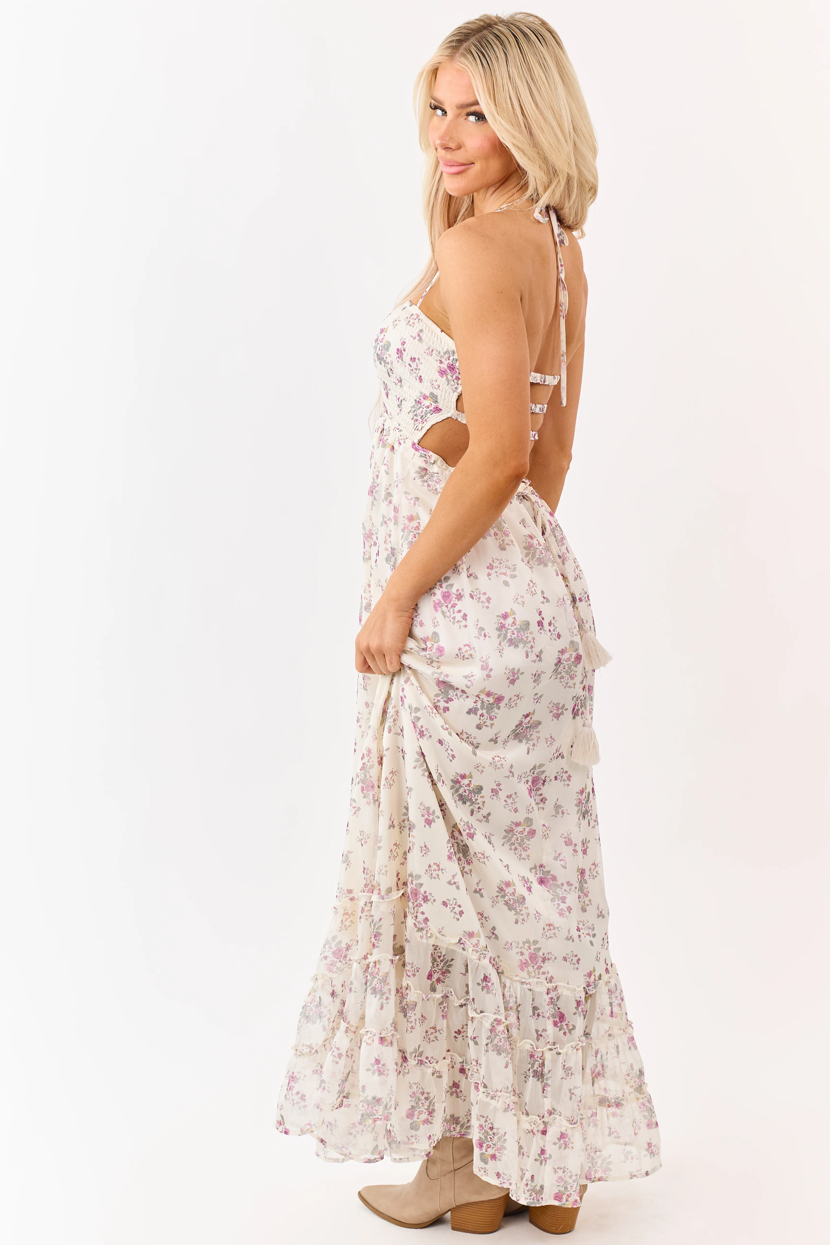 Cream Floral Print Backless Halter Neck Maxi Dress - Image 7