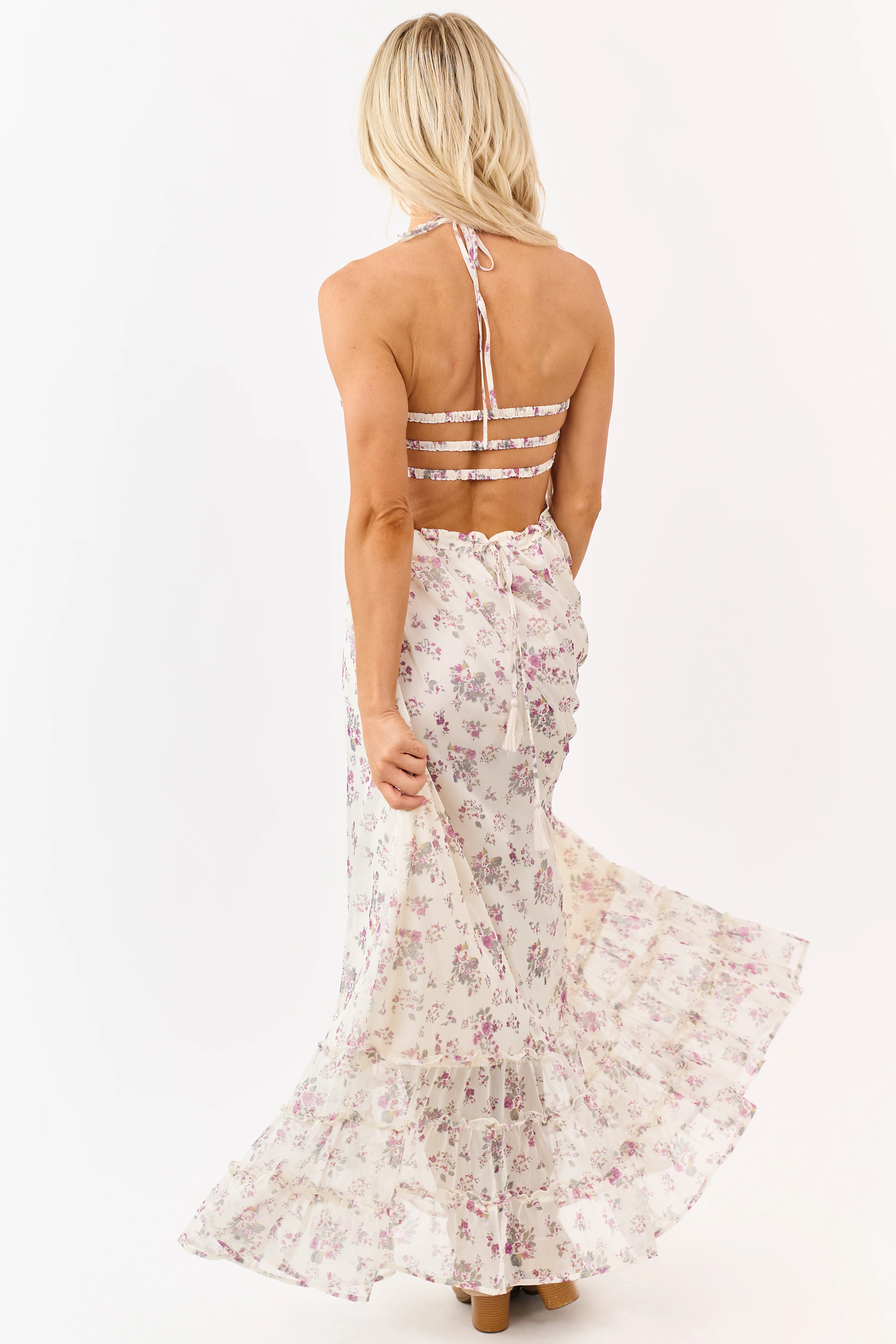 Cream Floral Print Backless Halter Neck Maxi Dress - Image 8
