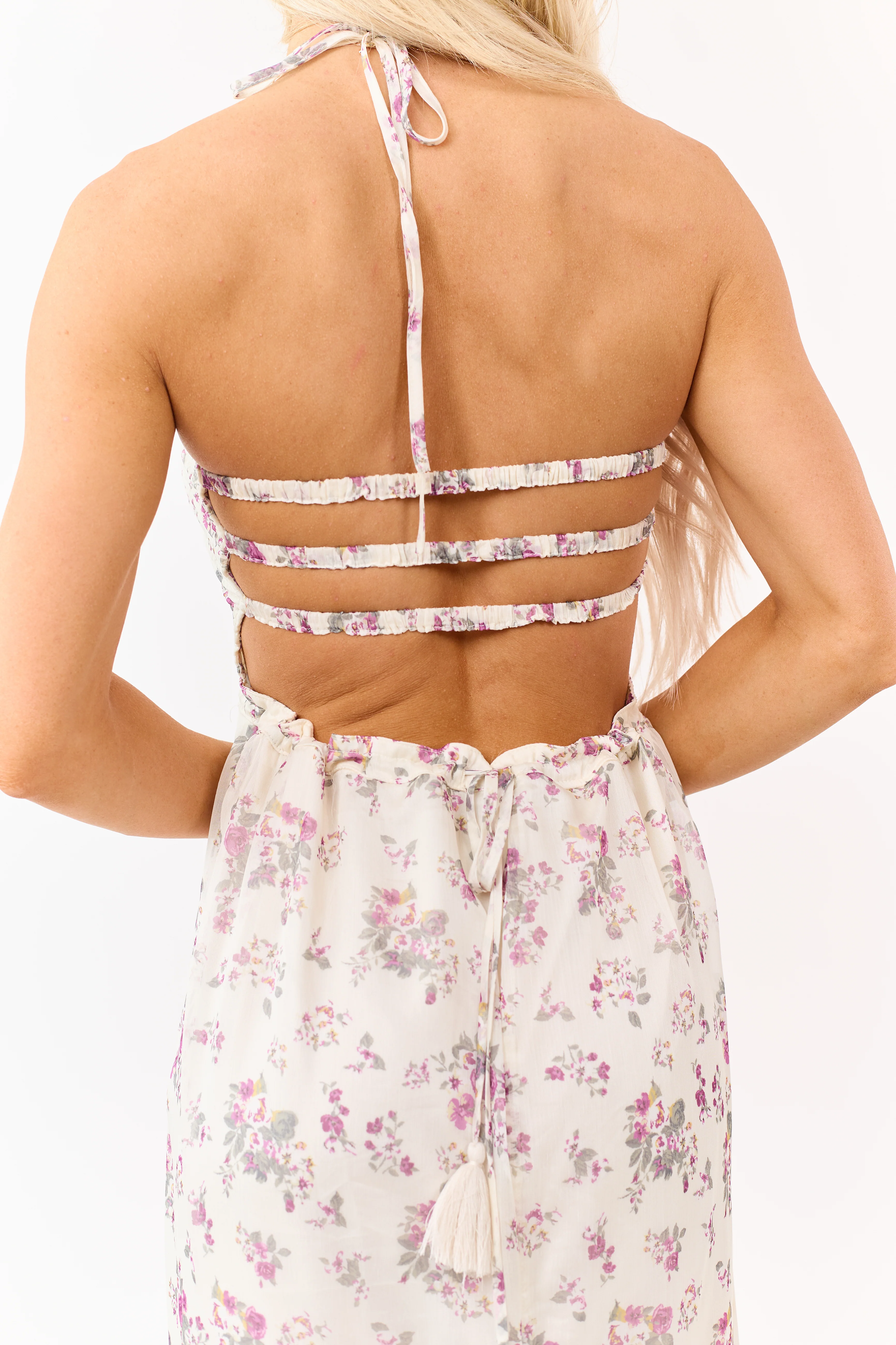 Cream Floral Print Backless Halter Neck Maxi Dress - Image 9