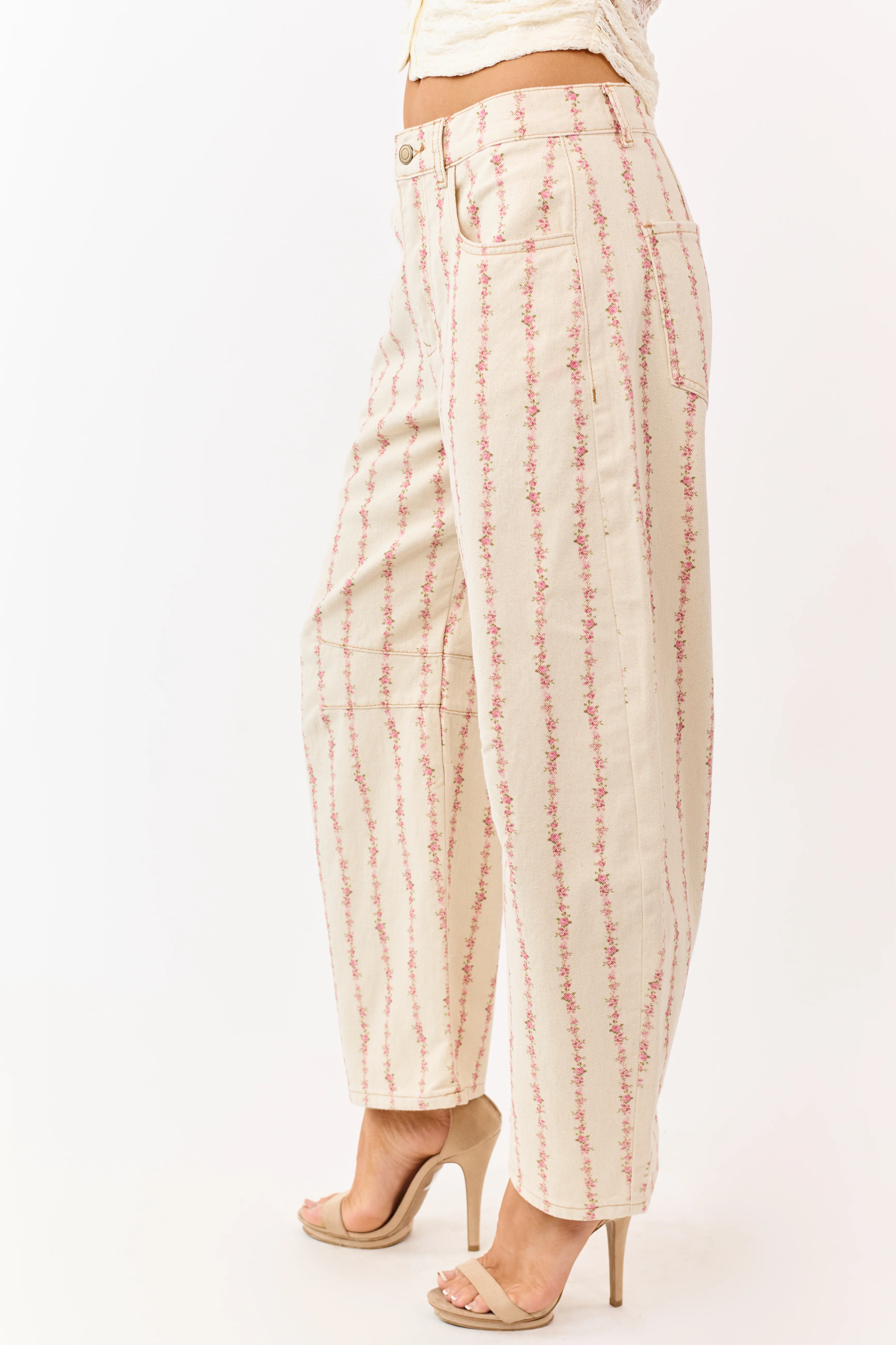 Cream Floral Print Barrel Leg Denim Pants - Image 3