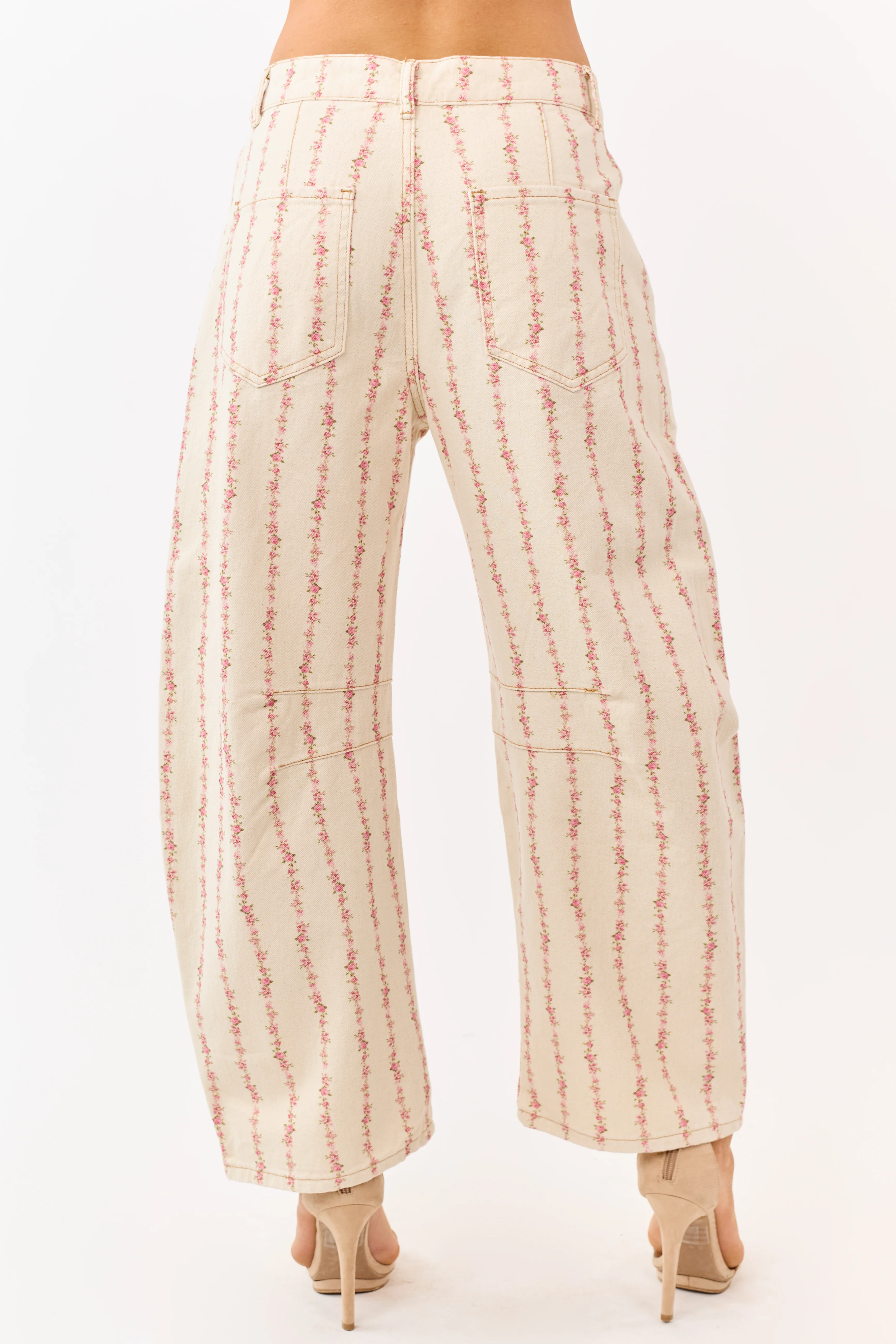 Cream Floral Print Barrel Leg Denim Pants - Image 4