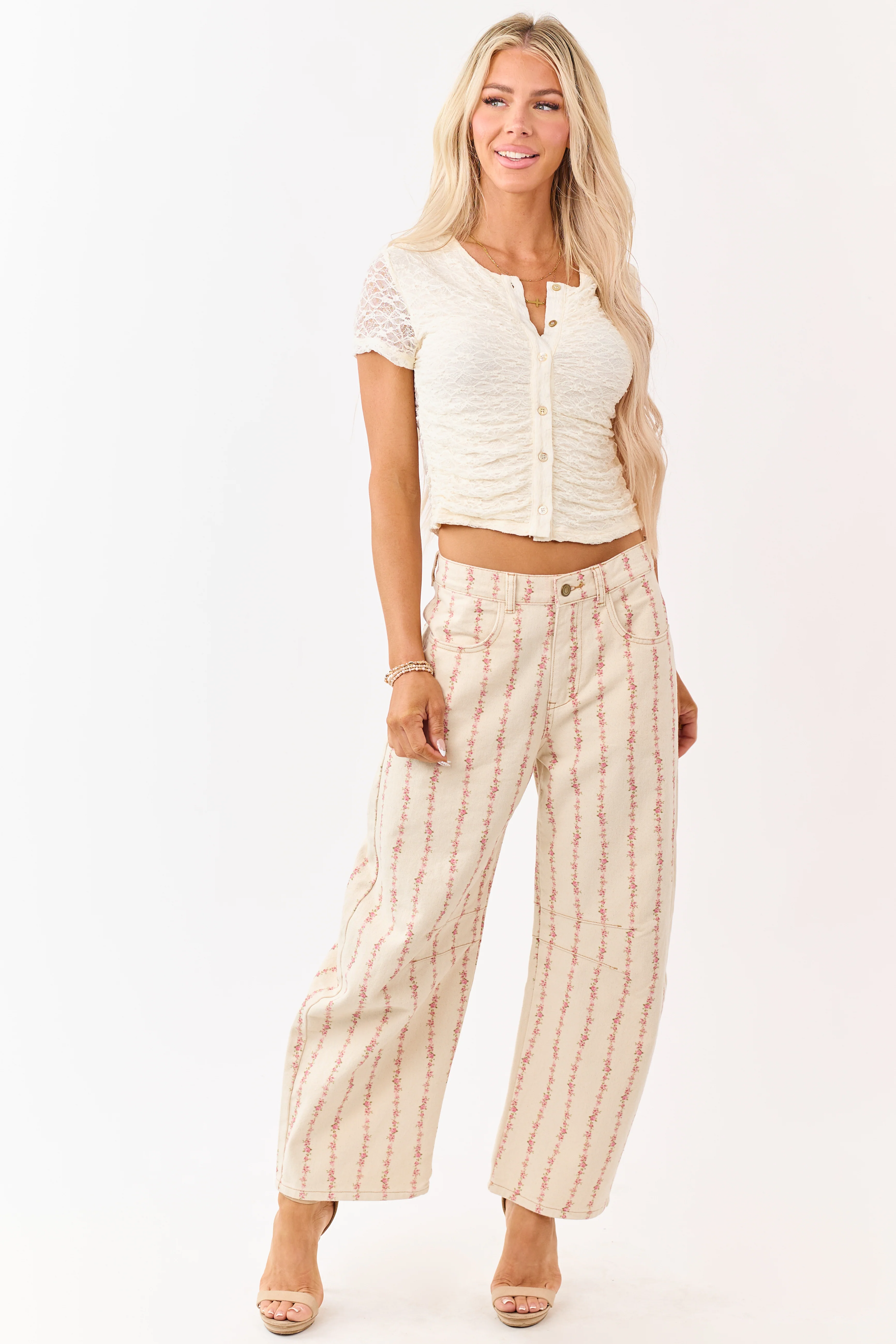 Cream Floral Print Barrel Leg Denim Pants - Image 5