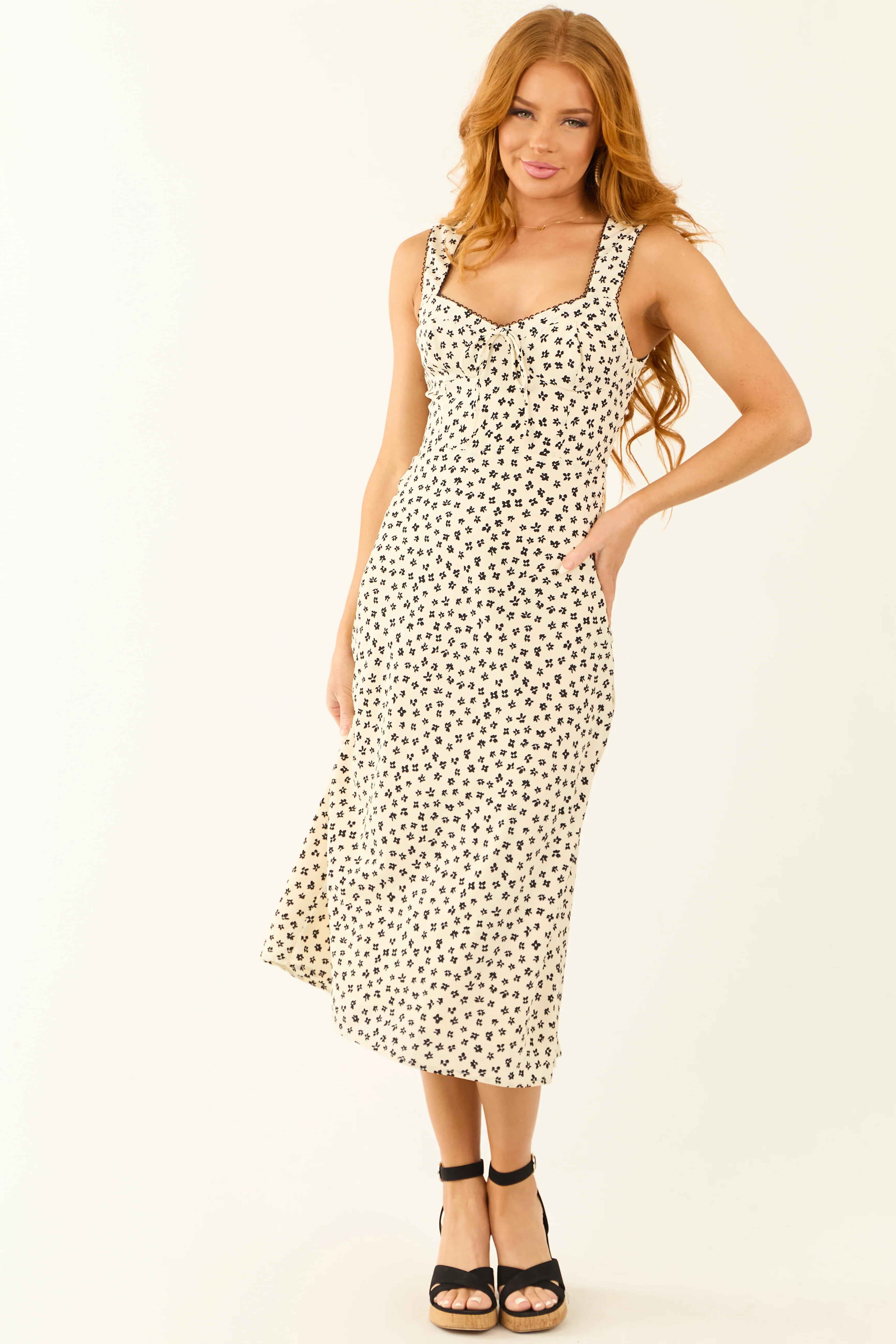 Cream Floral Print Bustier Top Sleeveless Midi Dress - Image 2