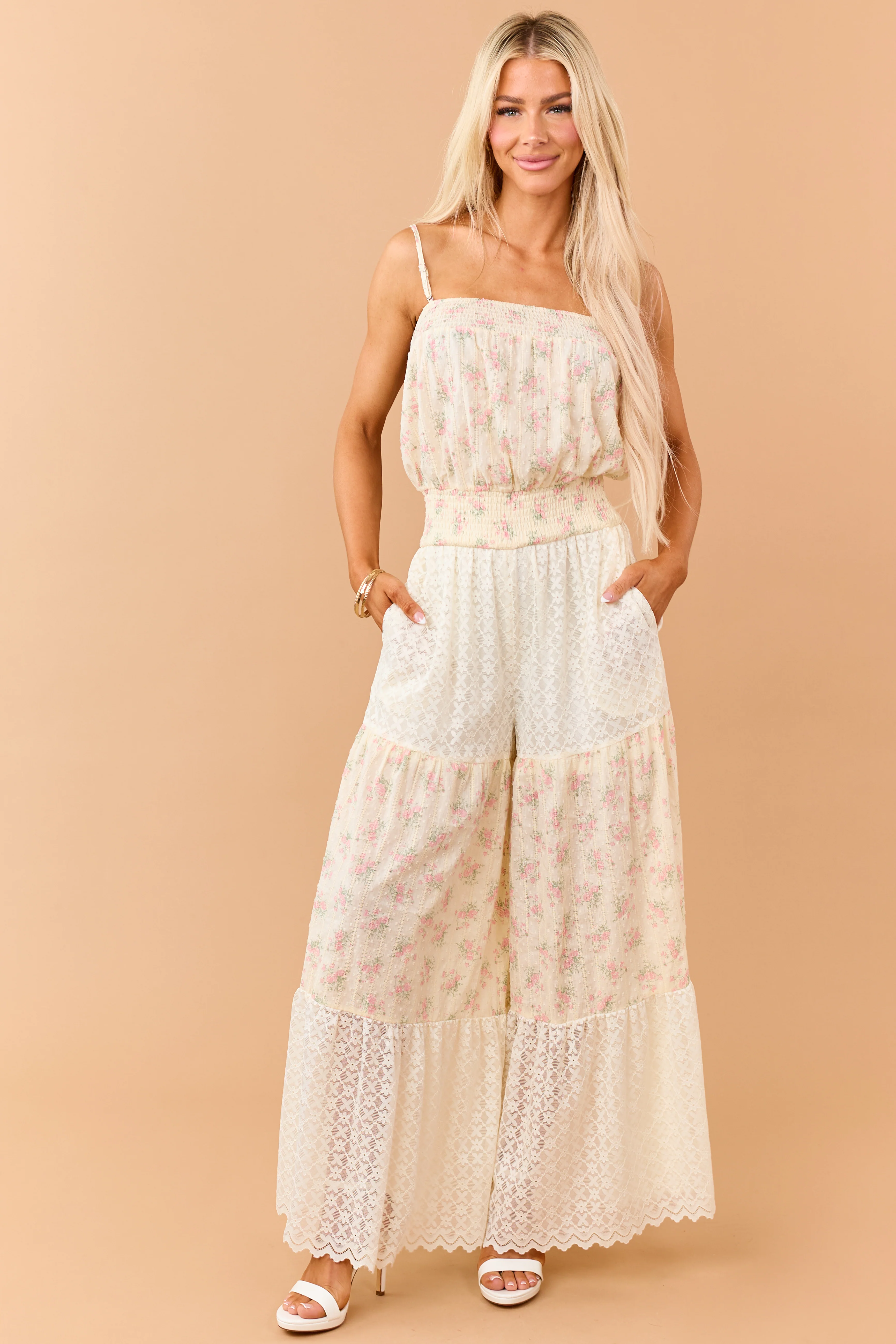 Cream Floral Print Cotton and Lace Panel Jumpsuit - Image 3