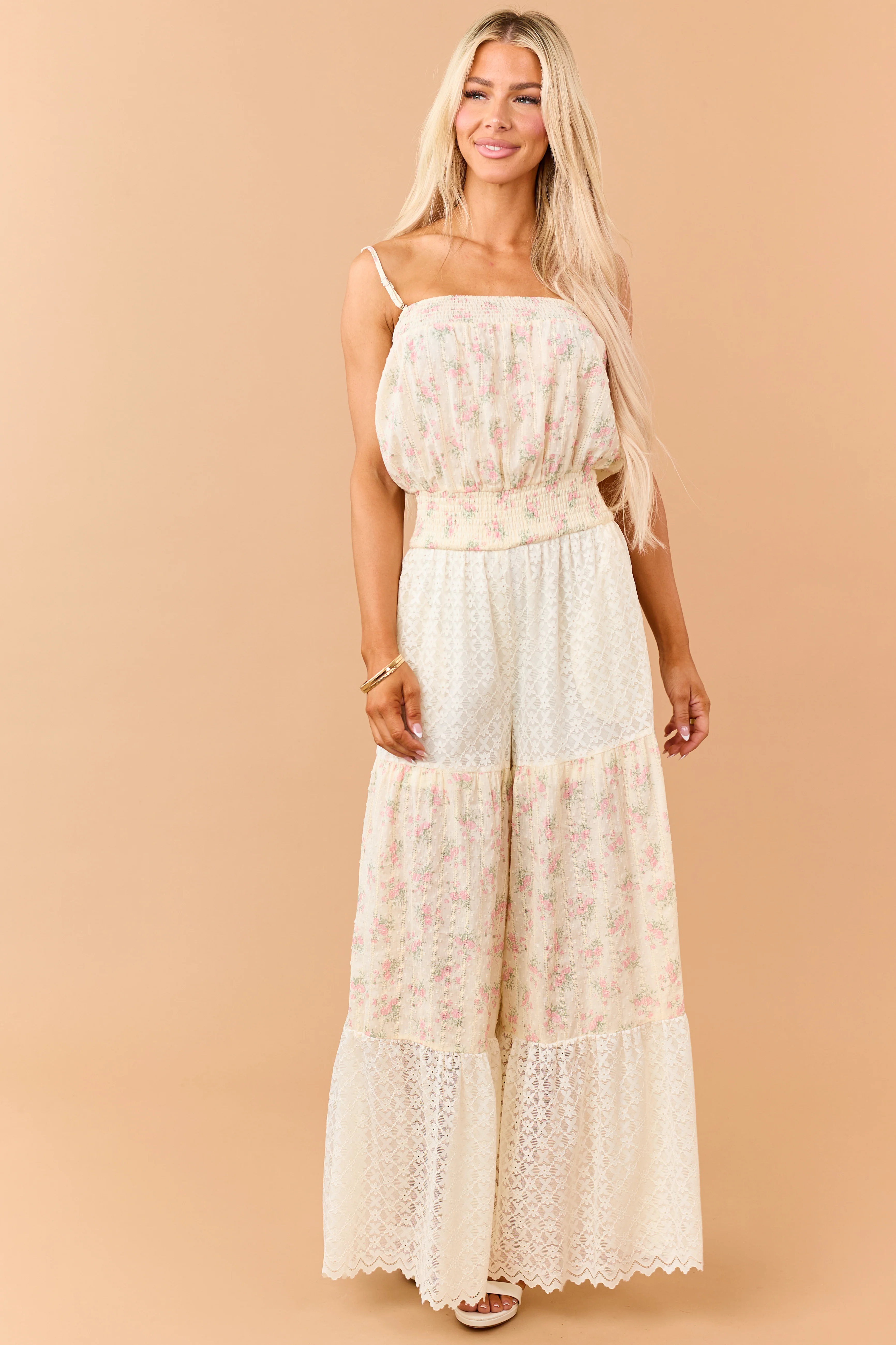 Cream Floral Print Cotton and Lace Panel Jumpsuit - Image 4