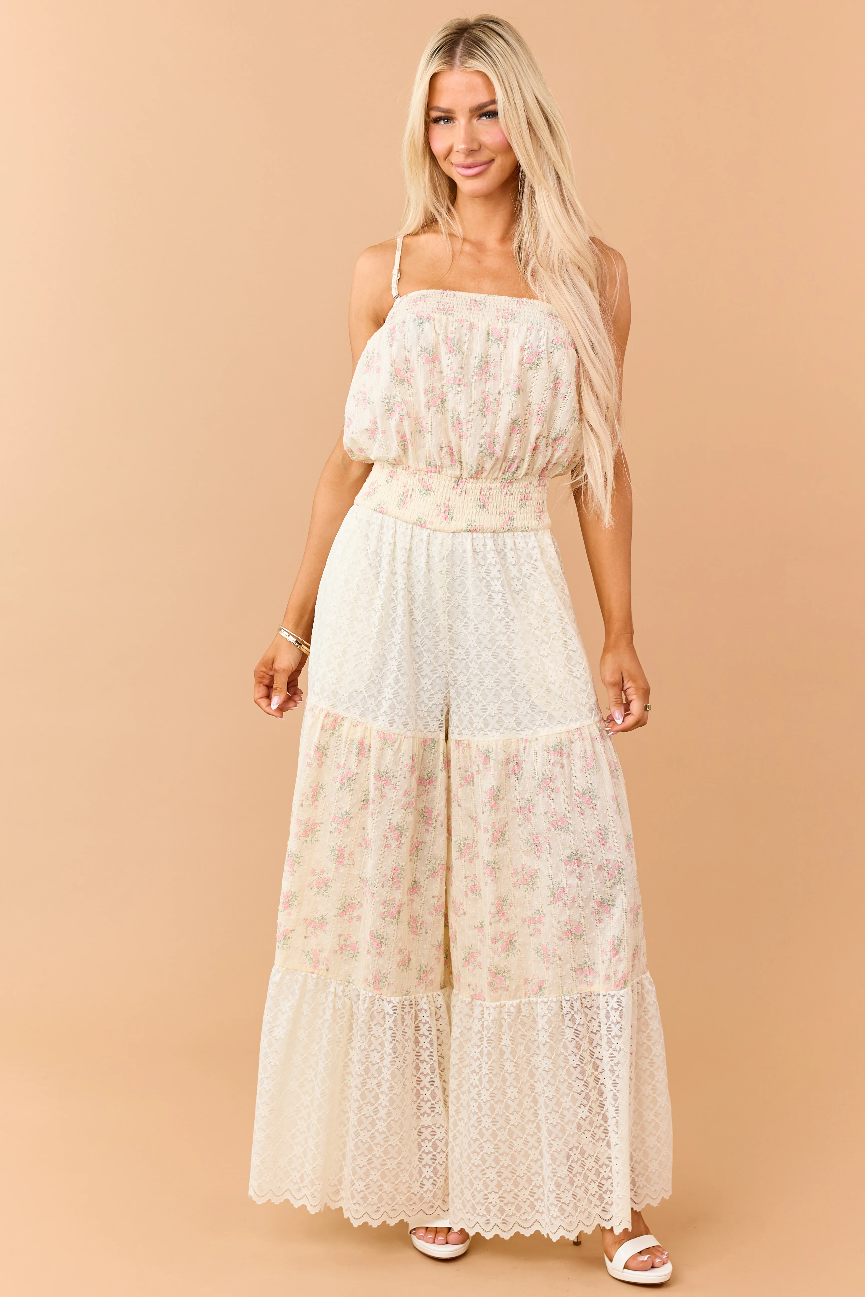 Cream Floral Print Cotton and Lace Panel Jumpsuit - Image 5