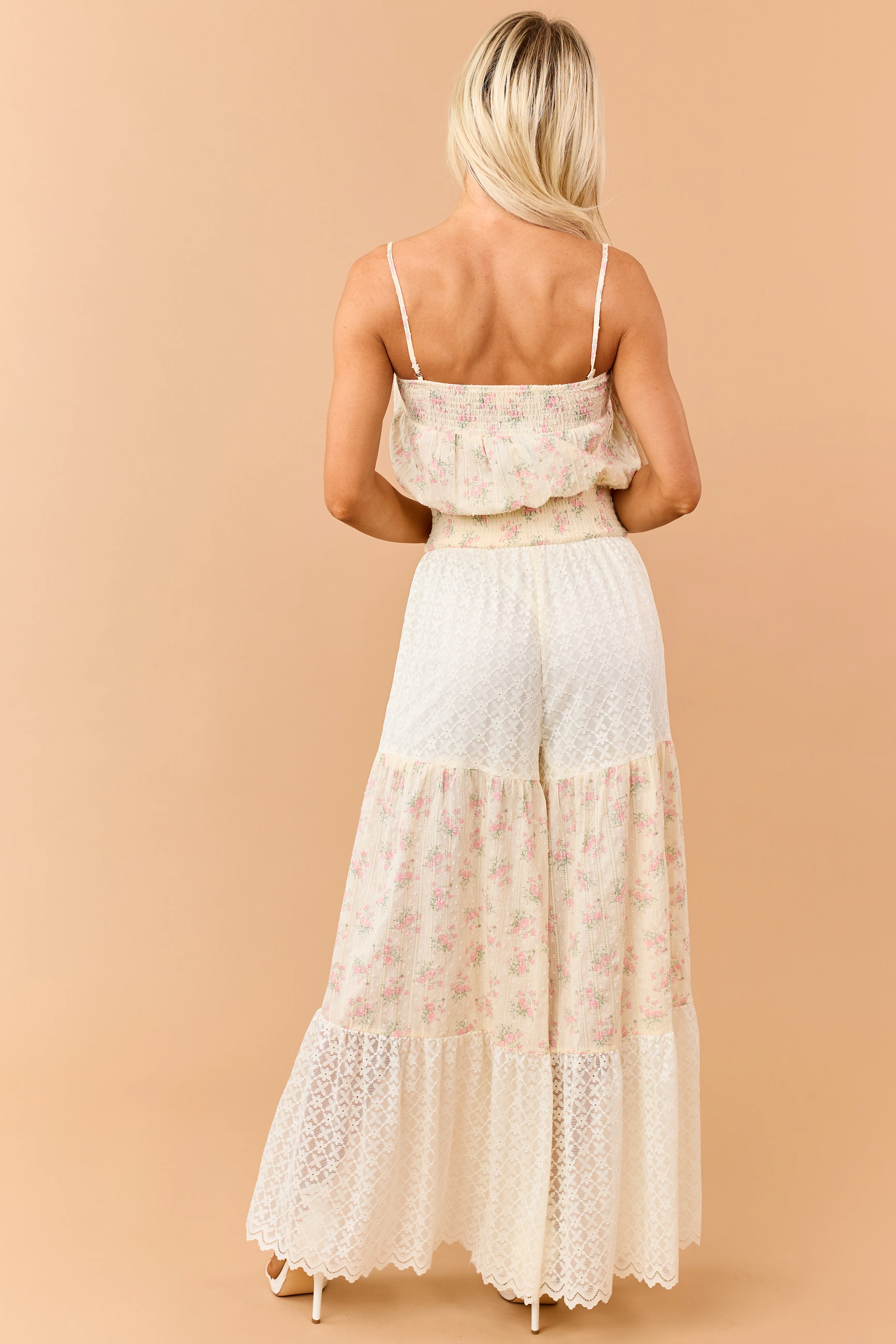 Cream Floral Print Cotton and Lace Panel Jumpsuit - Image 7