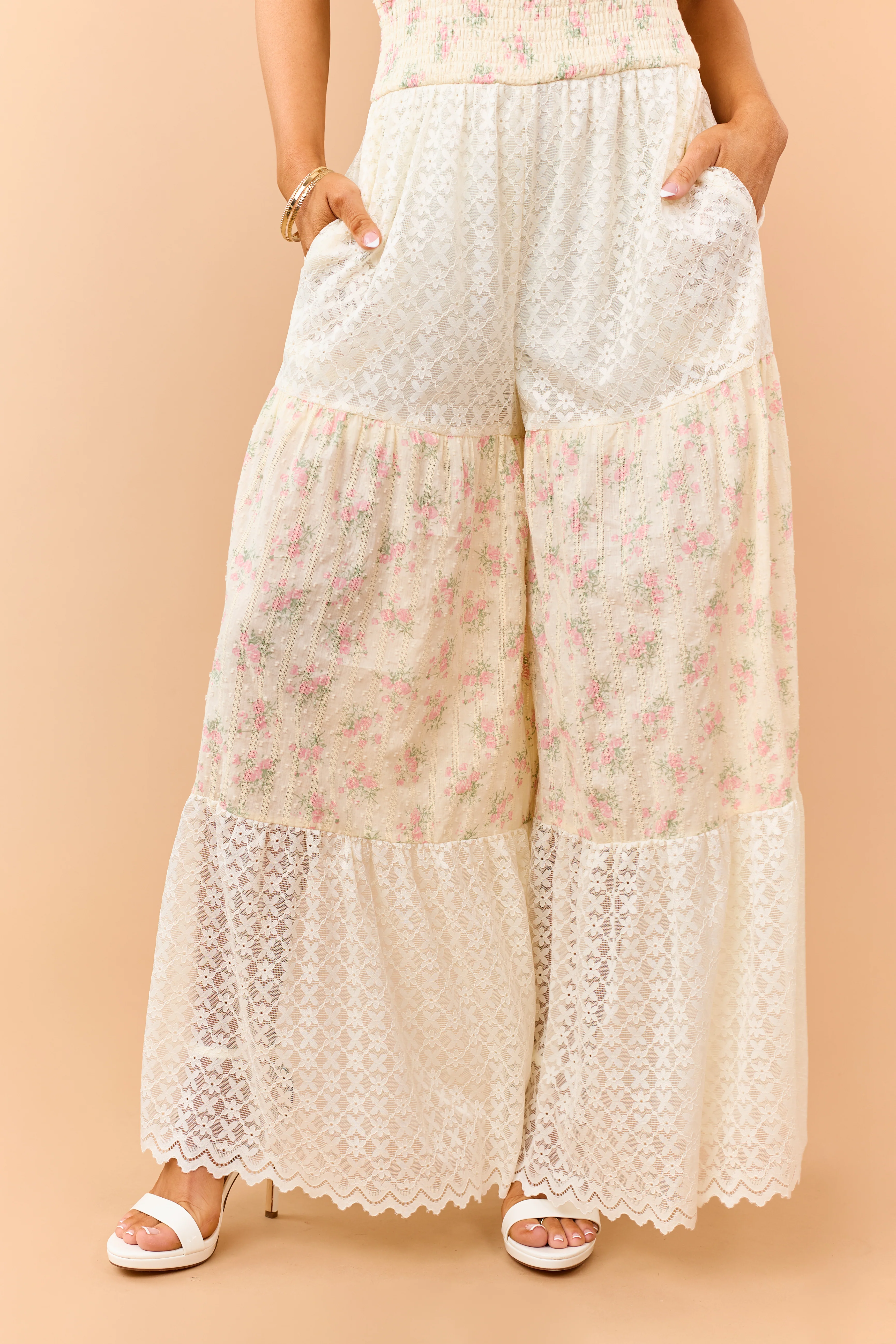 Cream Floral Print Cotton and Lace Panel Jumpsuit - Image 8