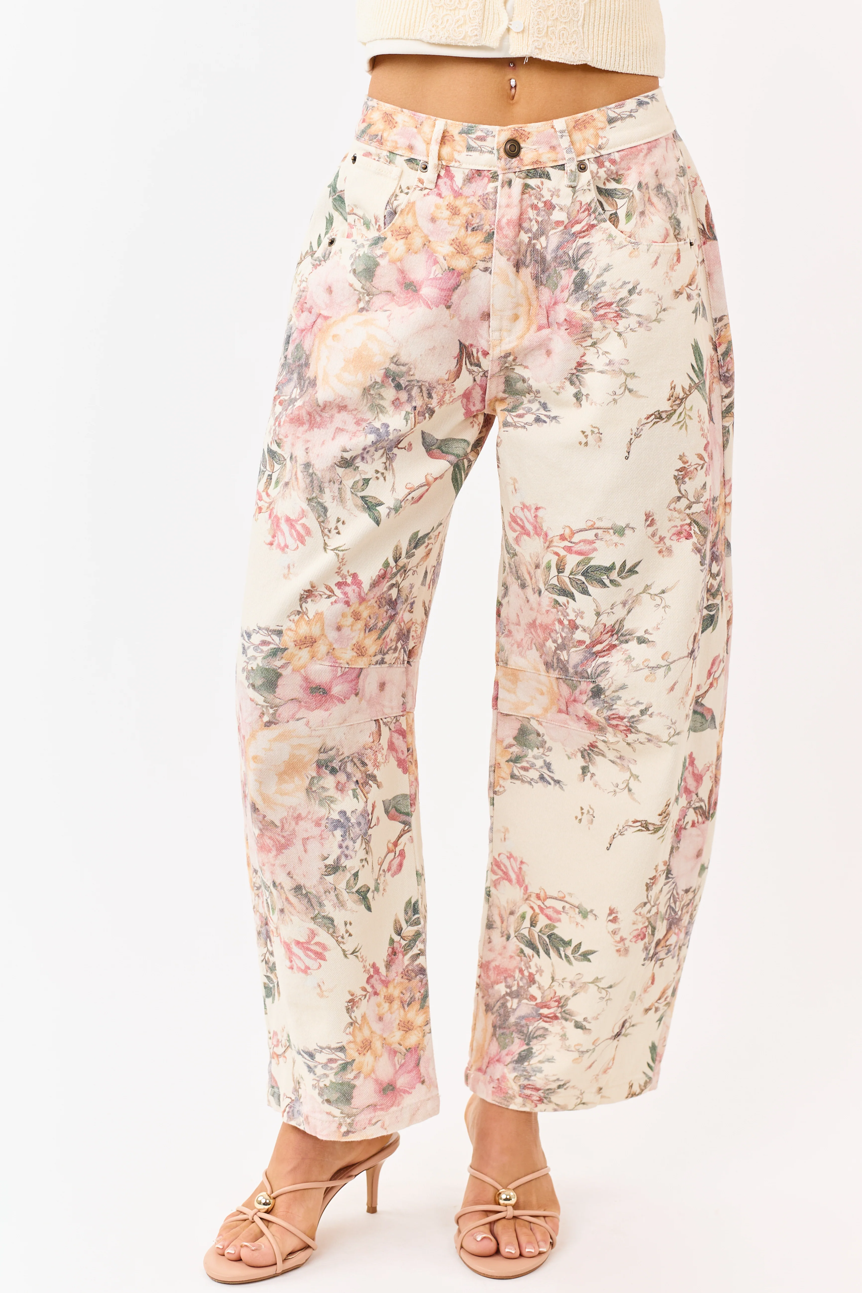 Cream Floral Print Elastic Waist Barrel Jeans - Image 2