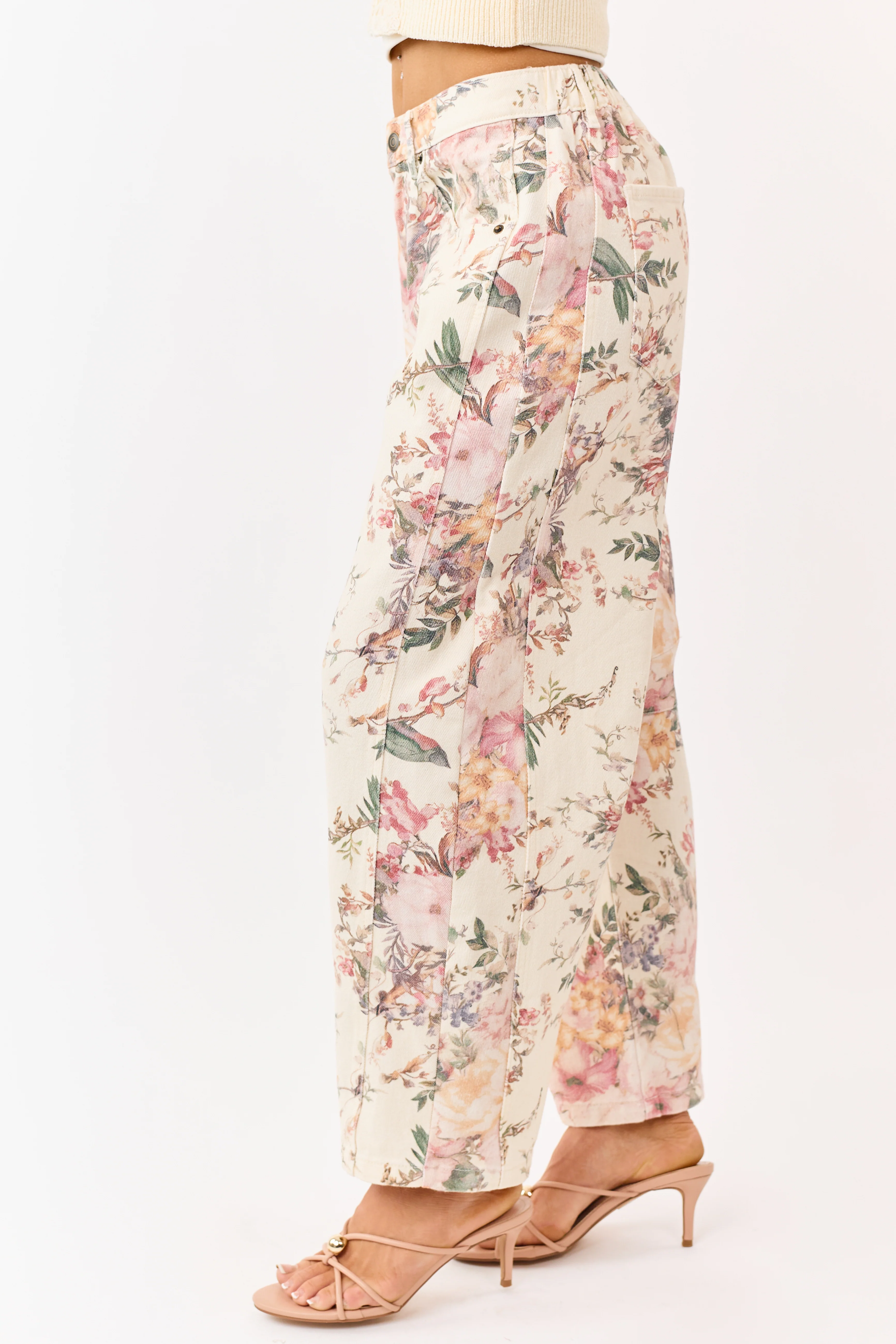 Cream Floral Print Elastic Waist Barrel Jeans - Image 3
