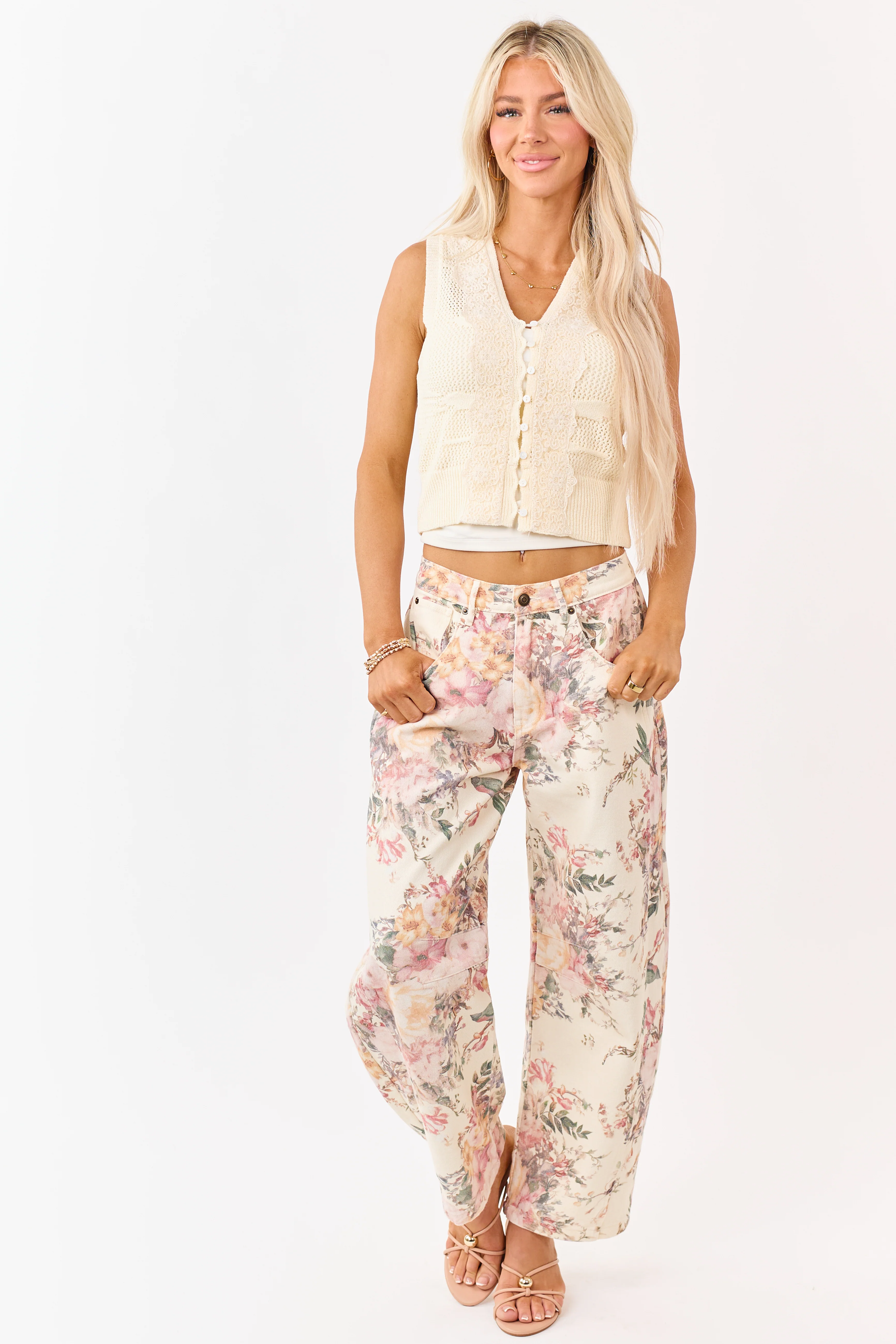 Cream Floral Print Elastic Waist Barrel Jeans - Image 6