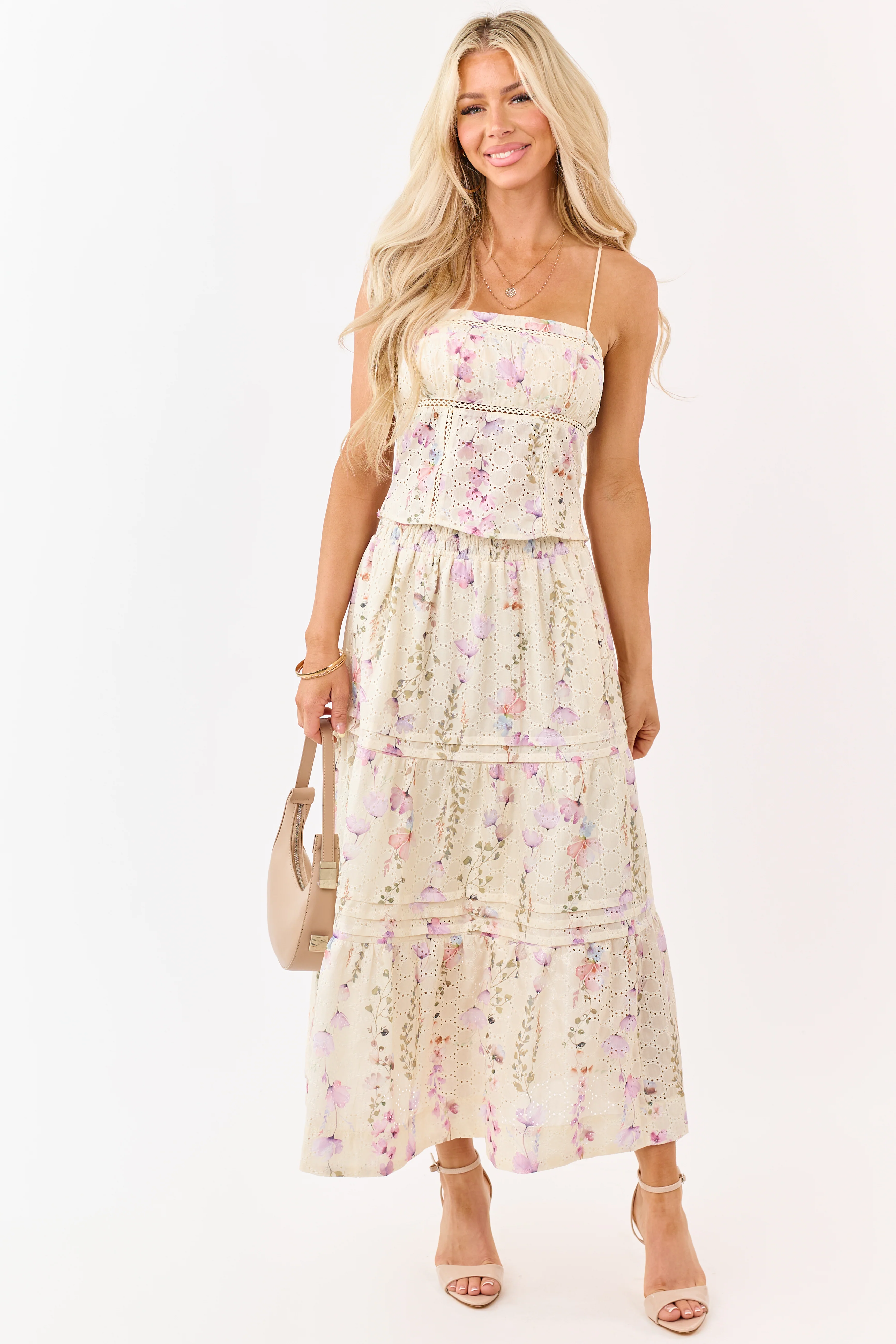 Cream Floral Print Eyelet Lace Cropped Tank Top - Image 3