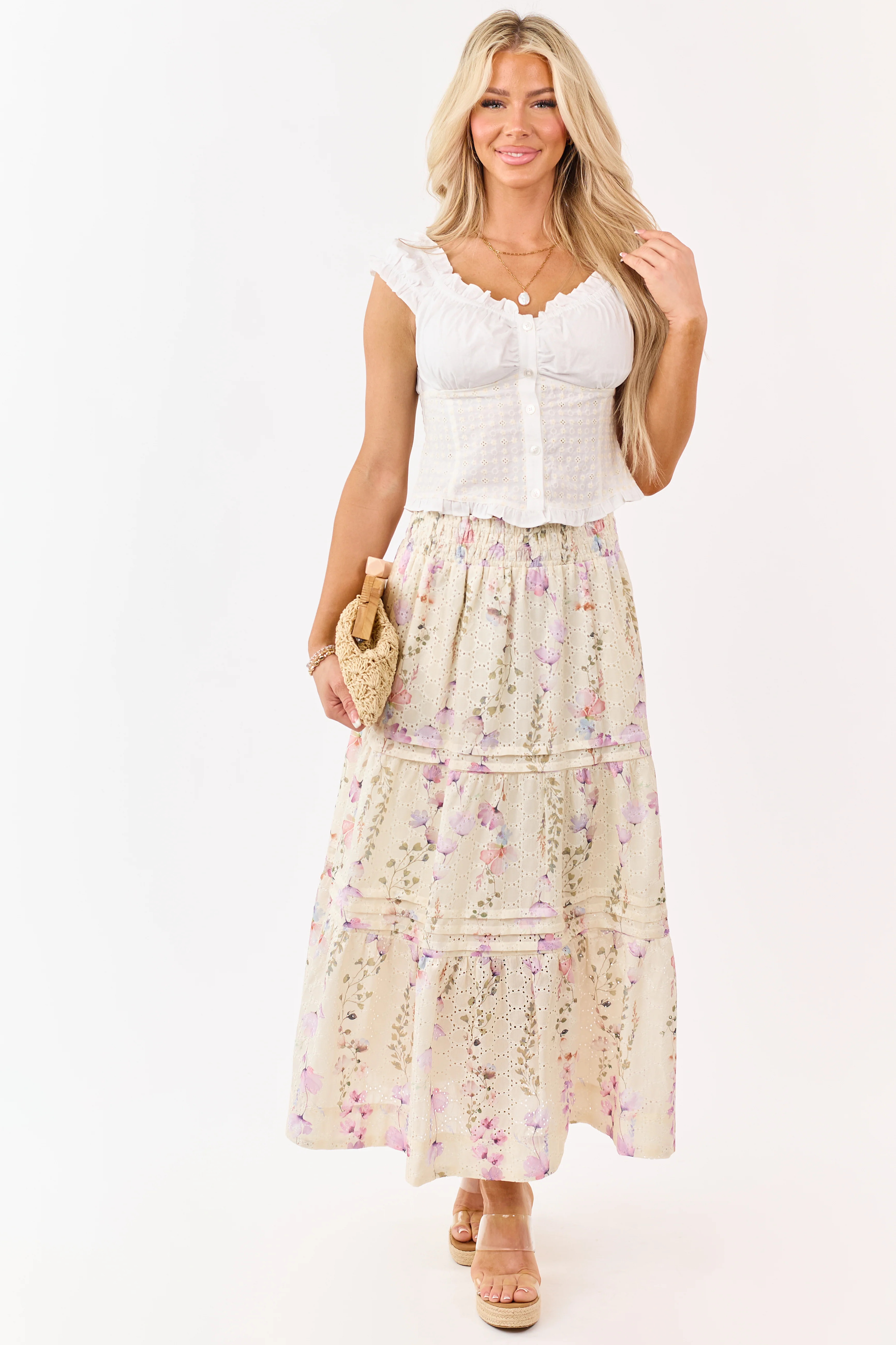 Cream Floral Print Eyelet Tiered Midi Skirt - Image 6