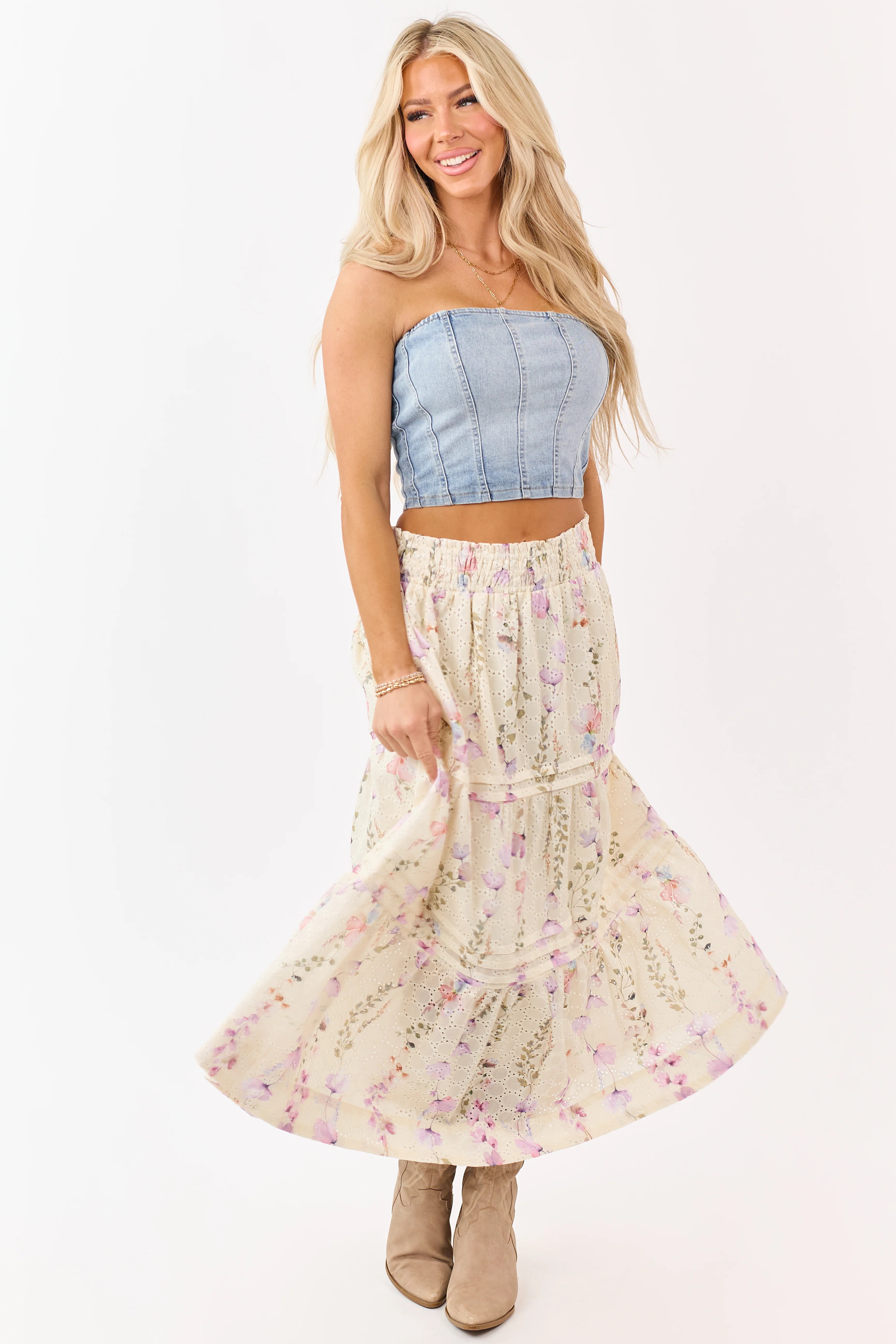 Cream Floral Print Eyelet Tiered Midi Skirt - Image 9