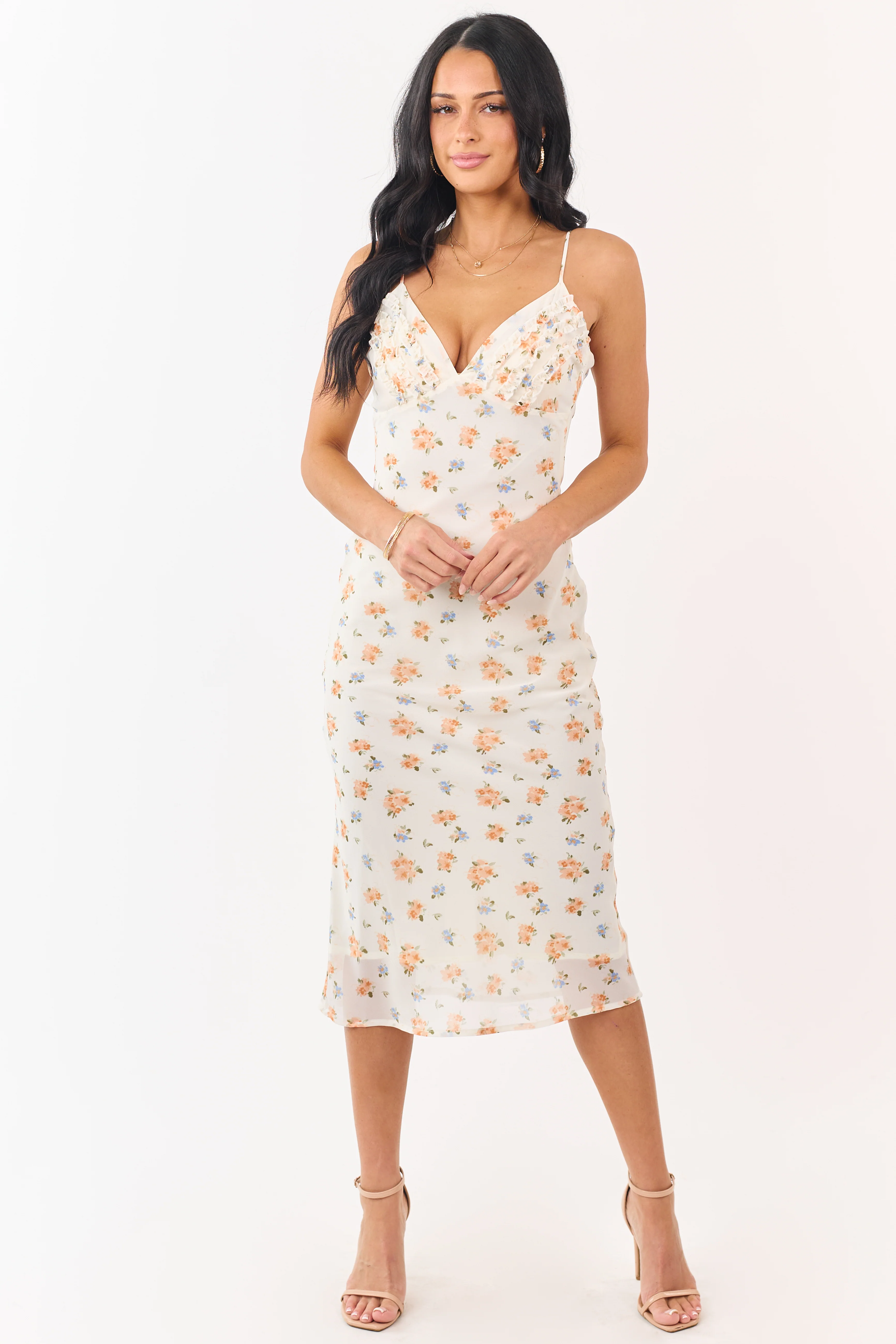 Cream Floral Print Frill Detail Chiffon Midi Dress - Image 3