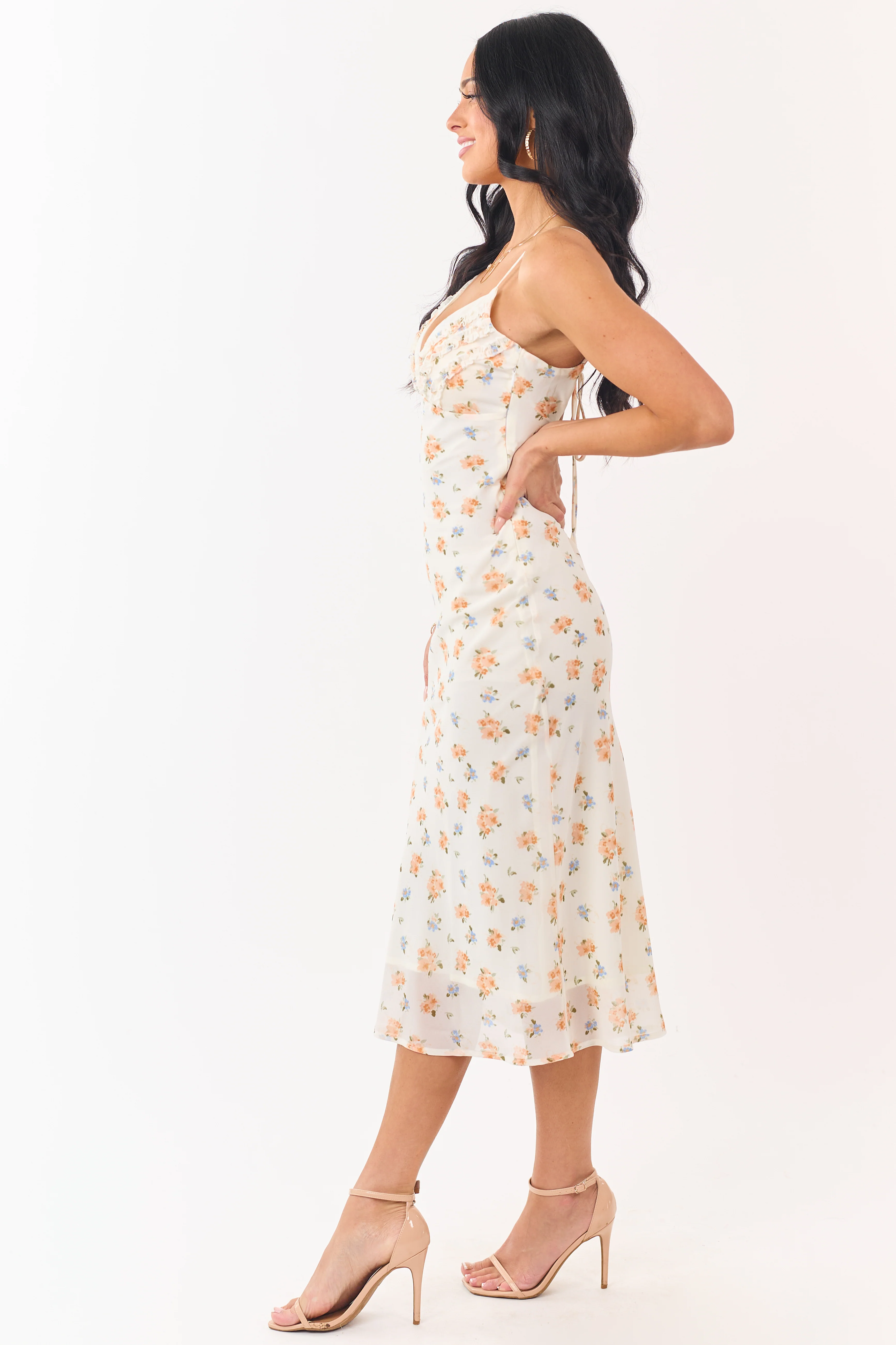 Cream Floral Print Frill Detail Chiffon Midi Dress - Image 4