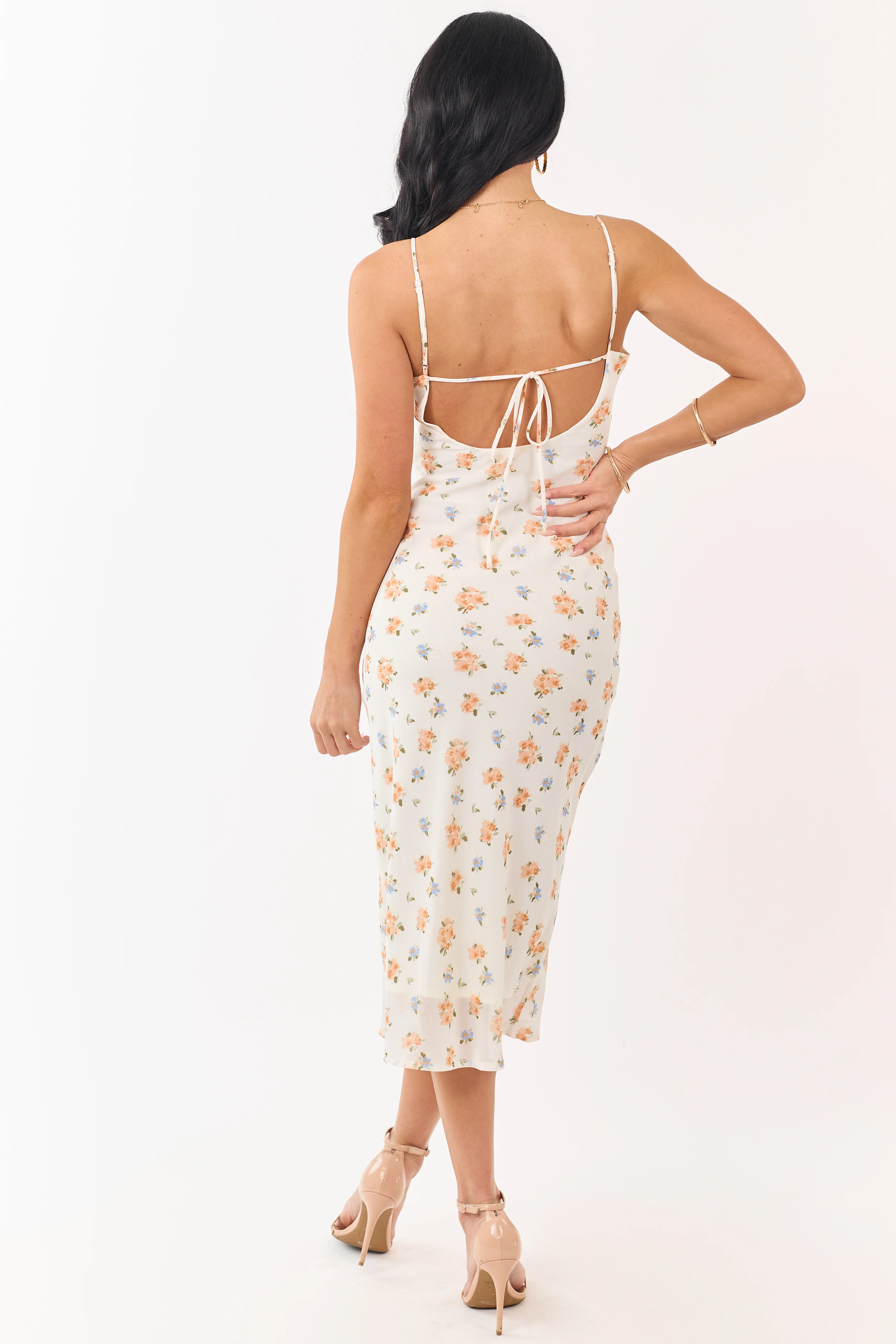 Cream Floral Print Frill Detail Chiffon Midi Dress - Image 5