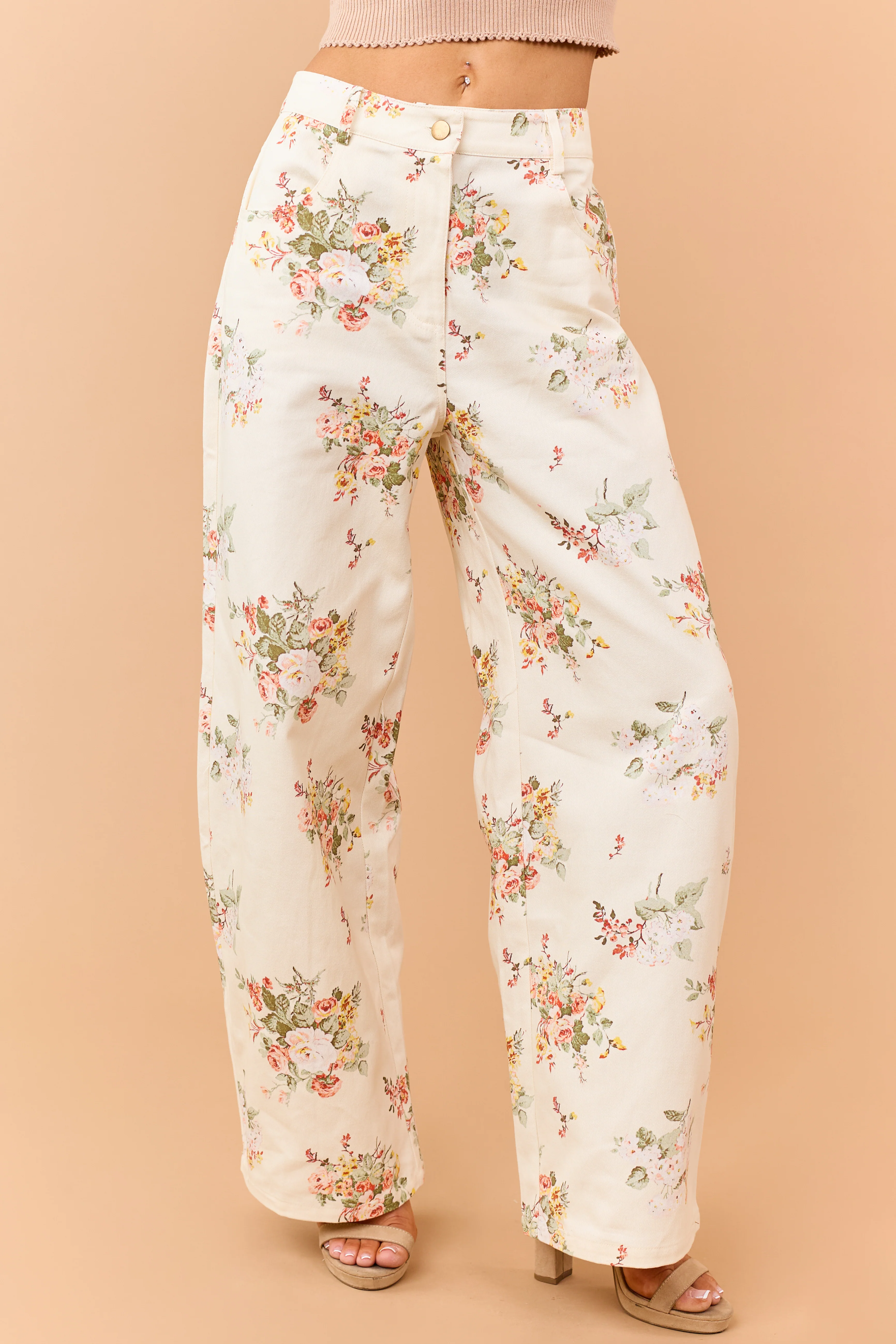 Cream Floral Print High Rise Wide Leg Jeans