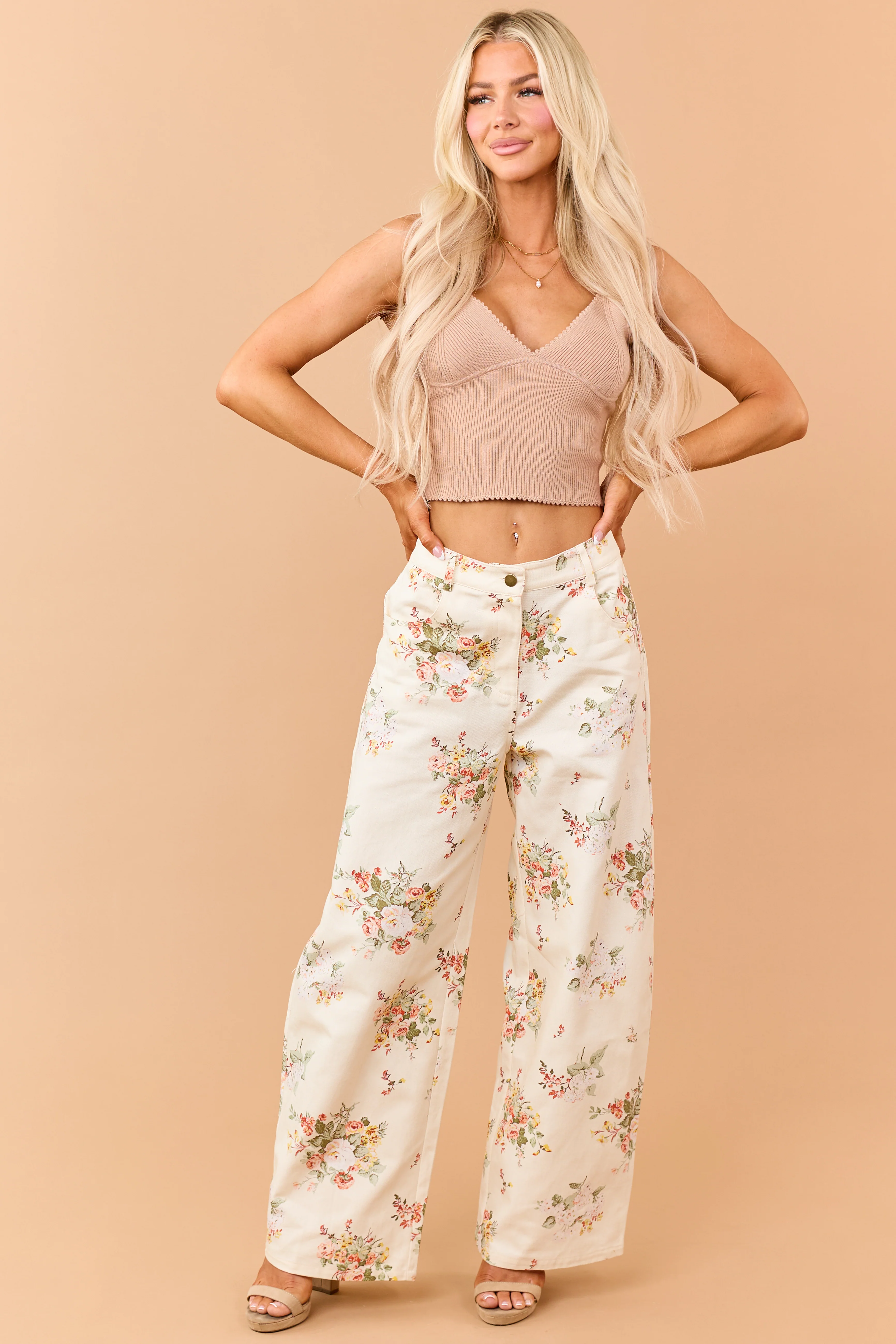 Cream Floral Print High Rise Wide Leg Jeans - Image 2