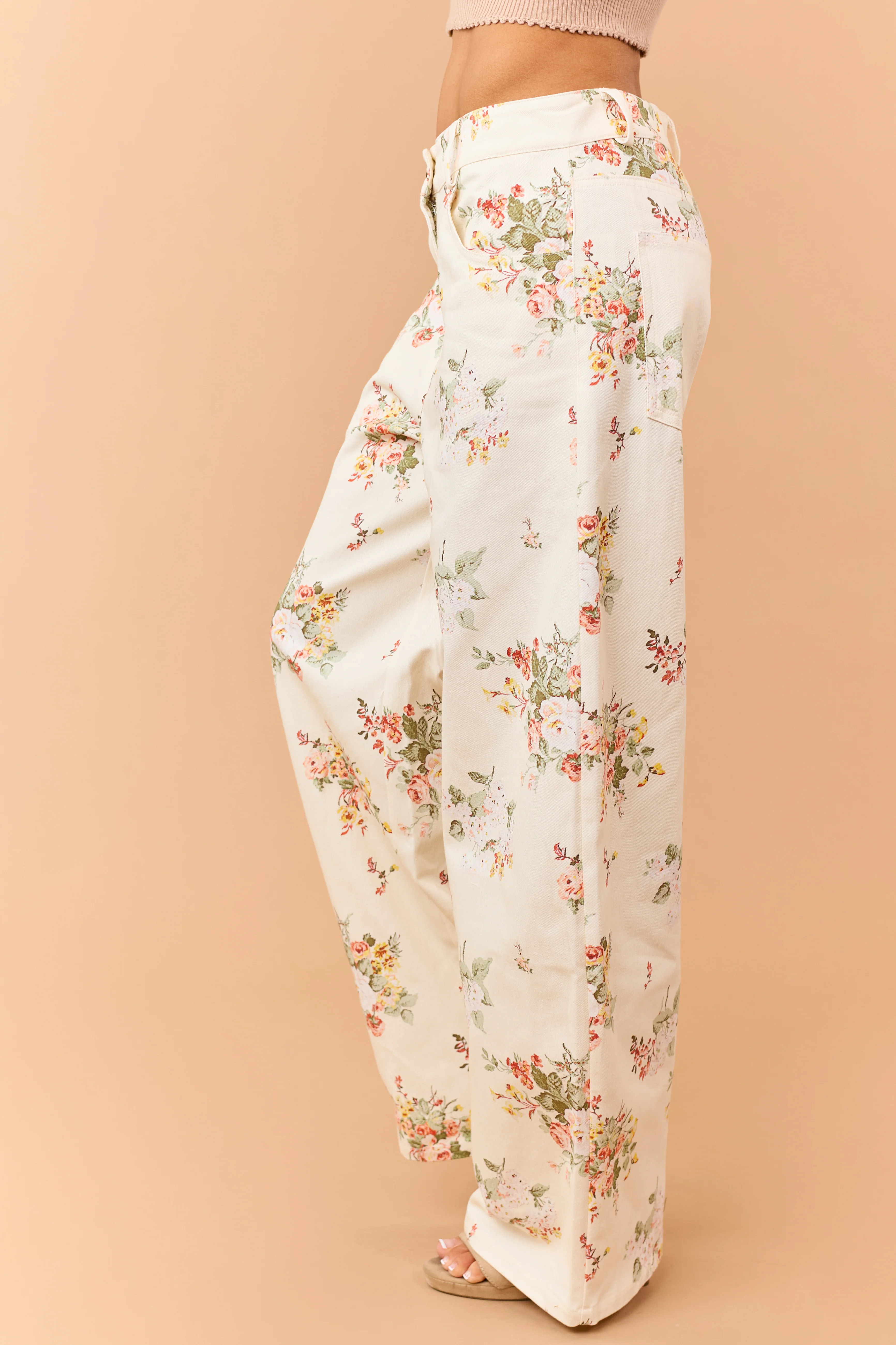 Cream Floral Print High Rise Wide Leg Jeans - Image 3