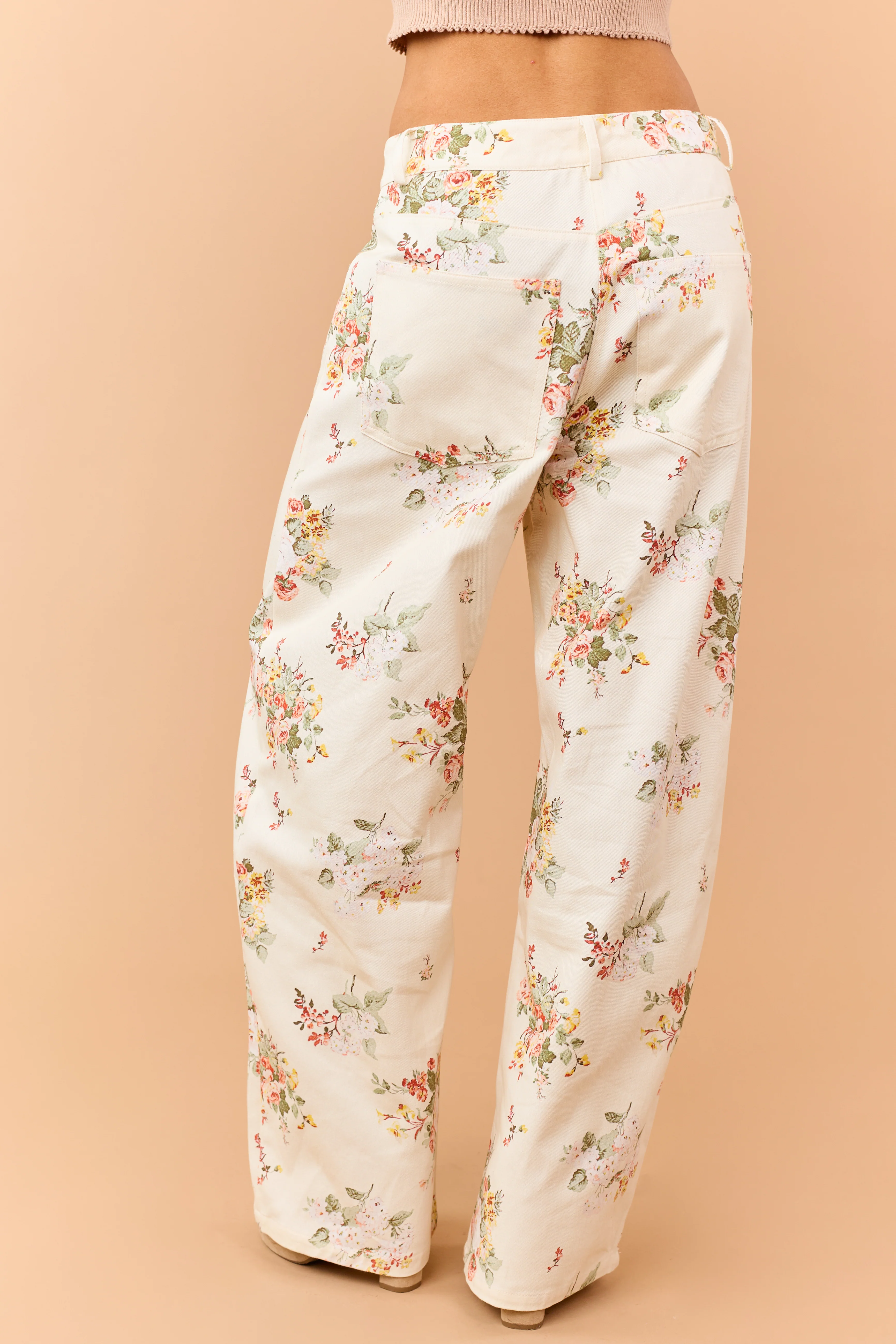Cream Floral Print High Rise Wide Leg Jeans - Image 4