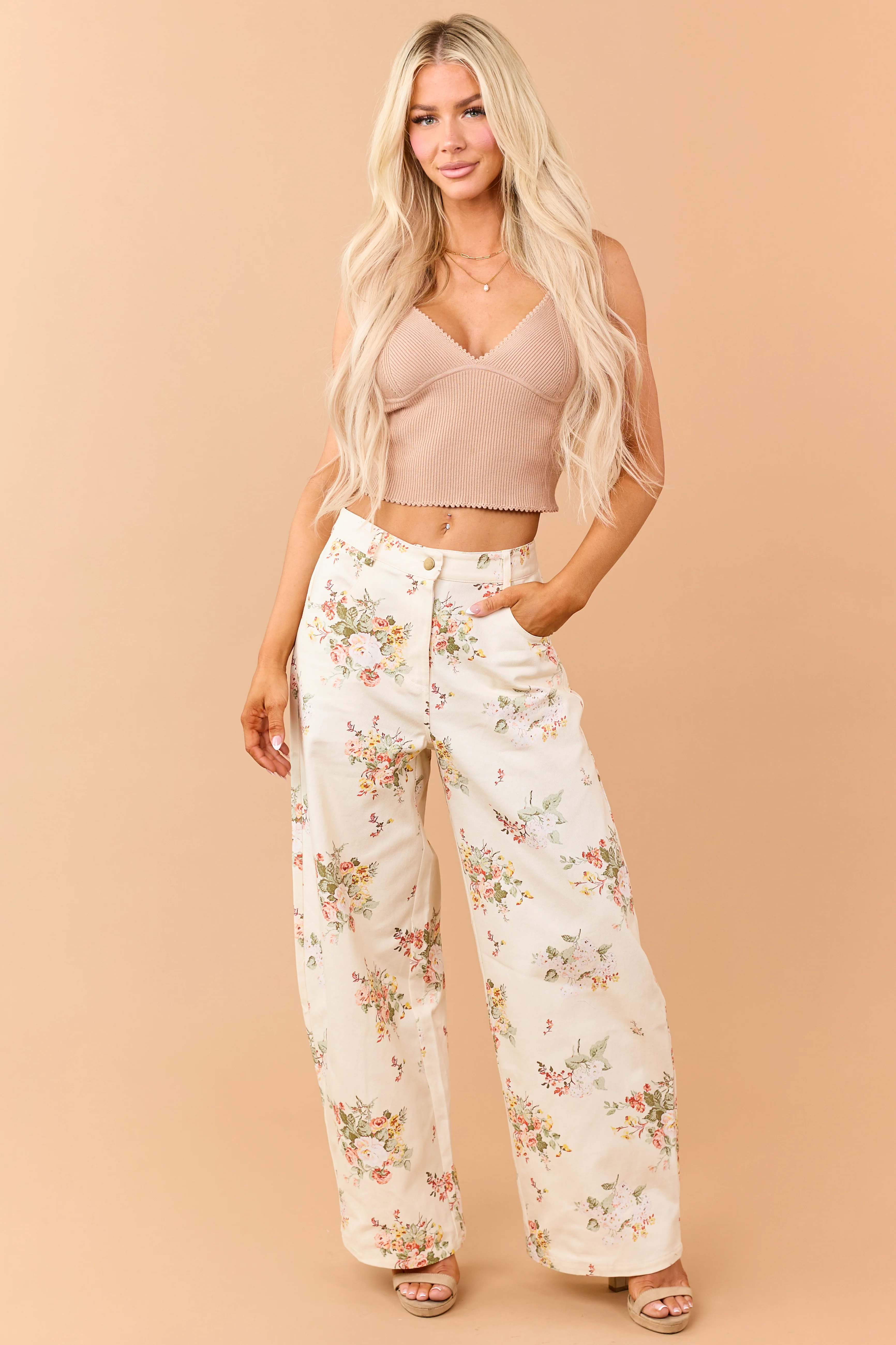 Cream Floral Print High Rise Wide Leg Jeans - Image 5