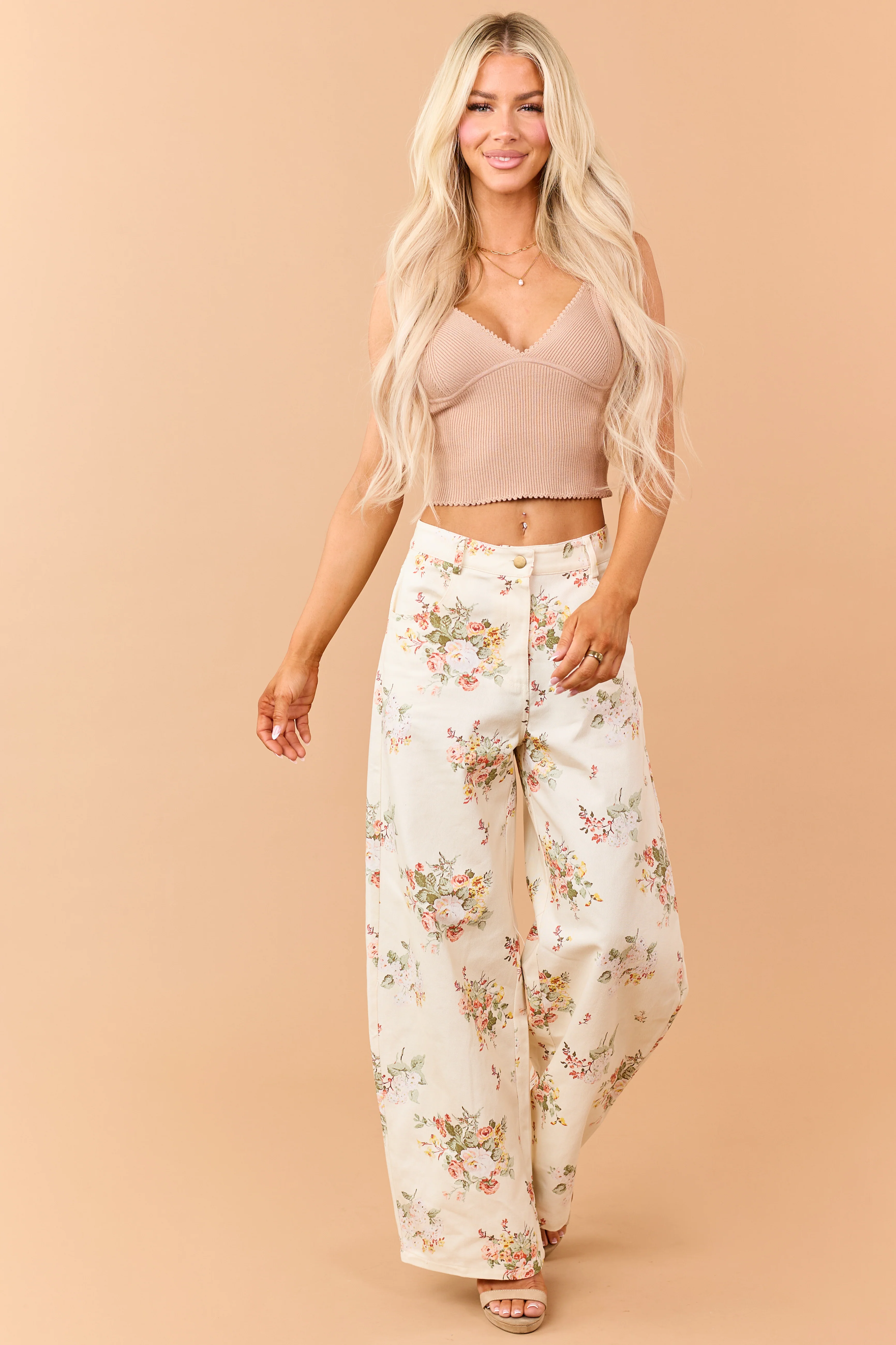 Cream Floral Print High Rise Wide Leg Jeans - Image 6