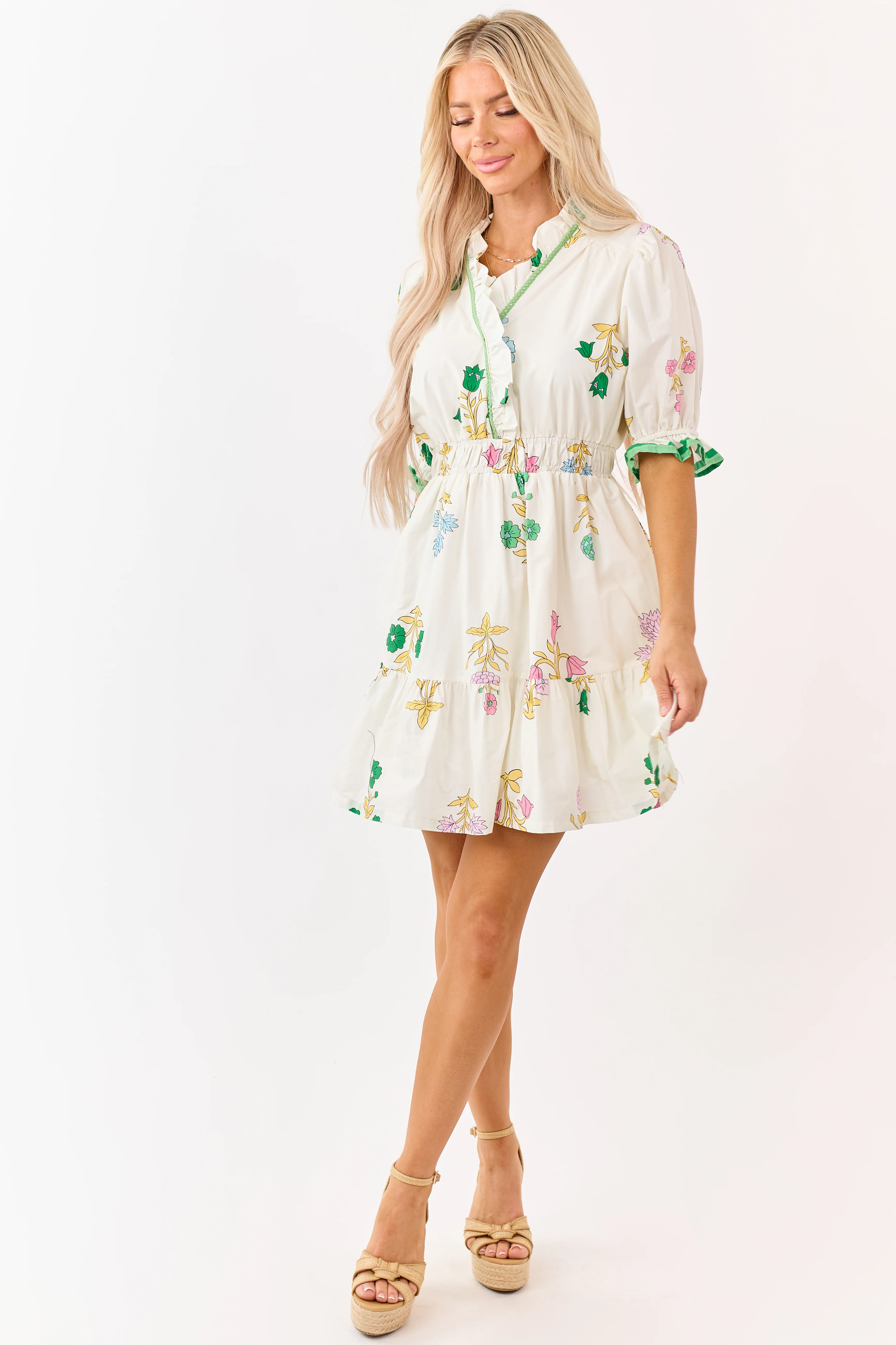 Cream Floral Print Puff Sleeve Cotton Mini Dress - Image 2
