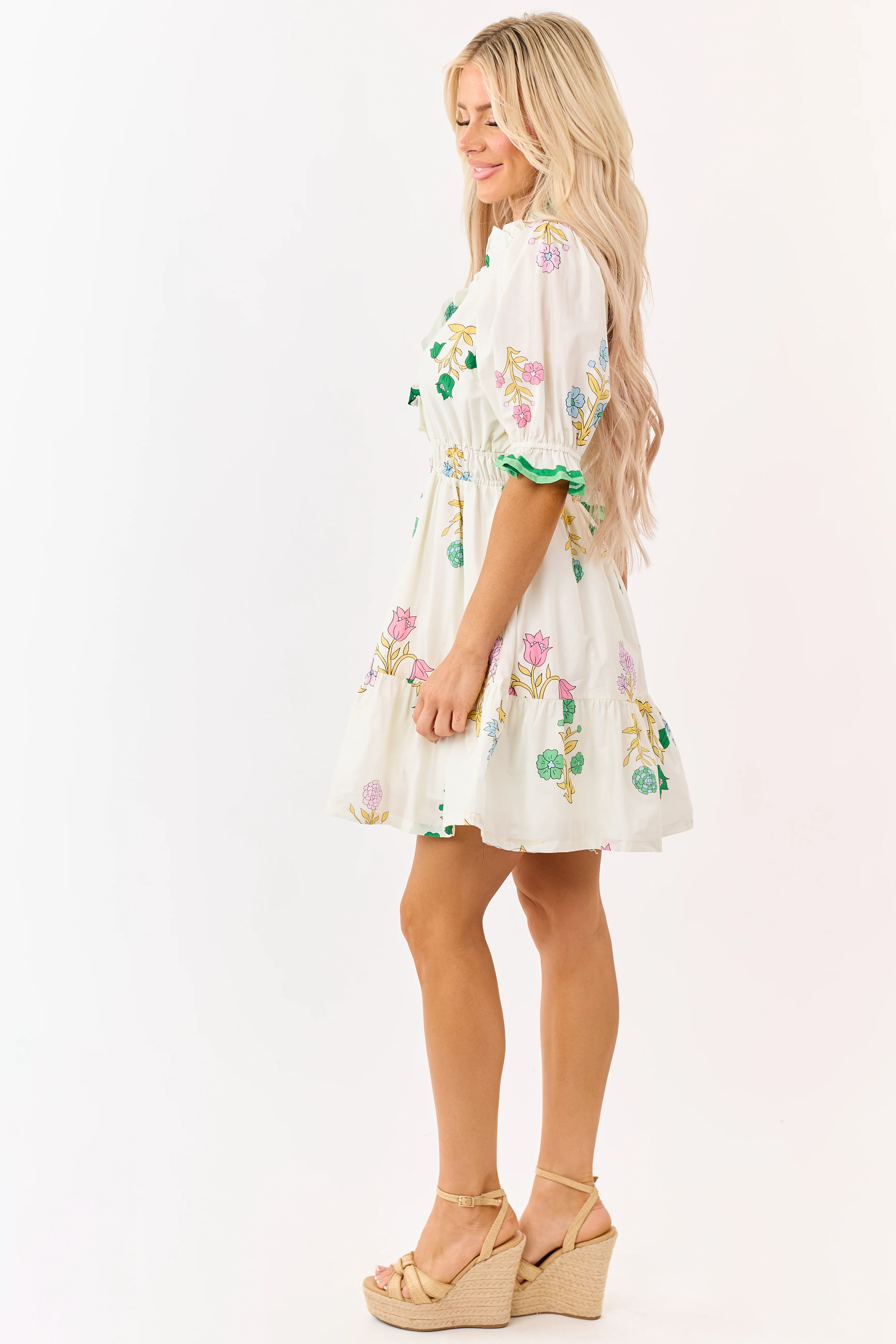 Cream Floral Print Puff Sleeve Cotton Mini Dress - Image 4