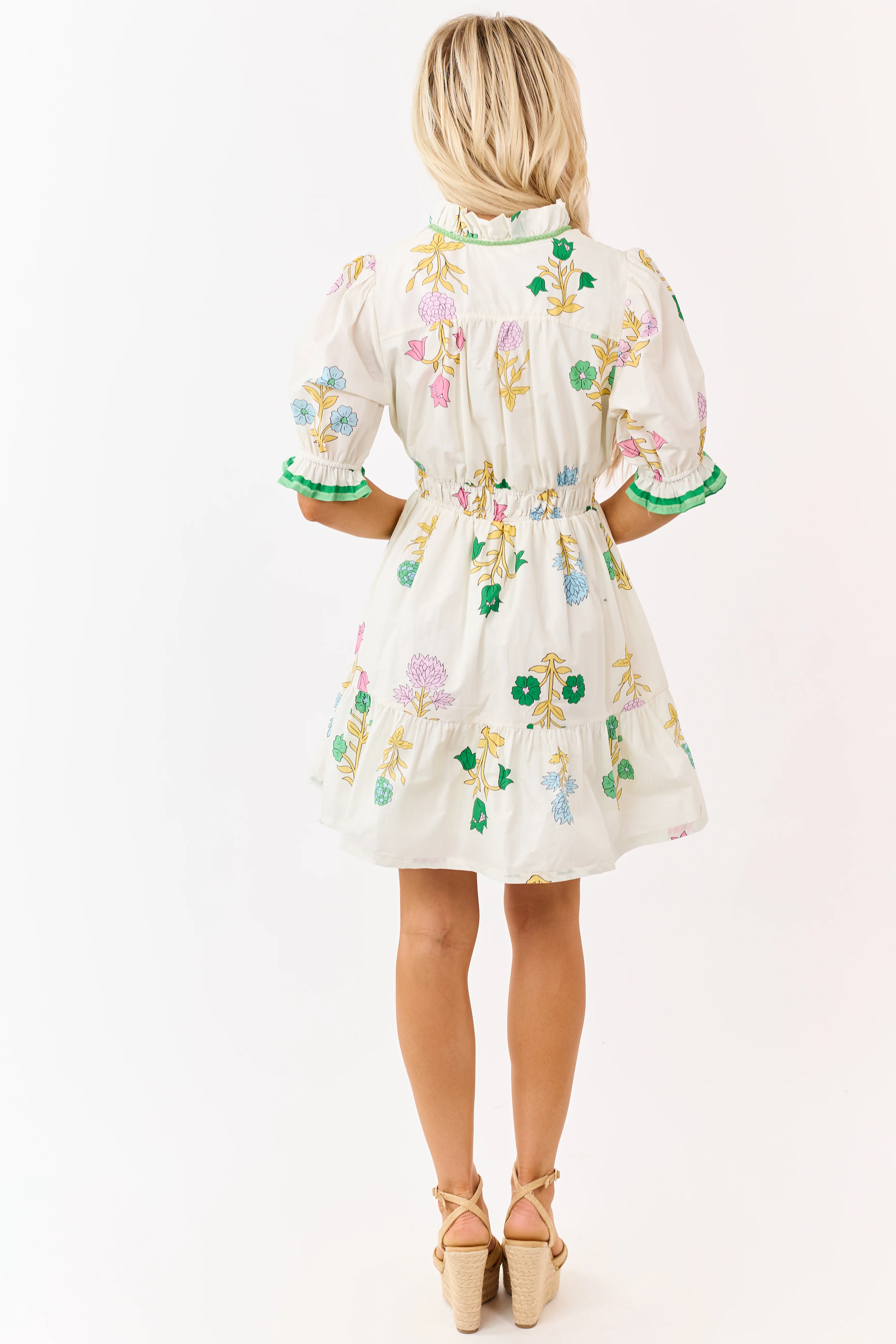 Cream Floral Print Puff Sleeve Cotton Mini Dress - Image 5