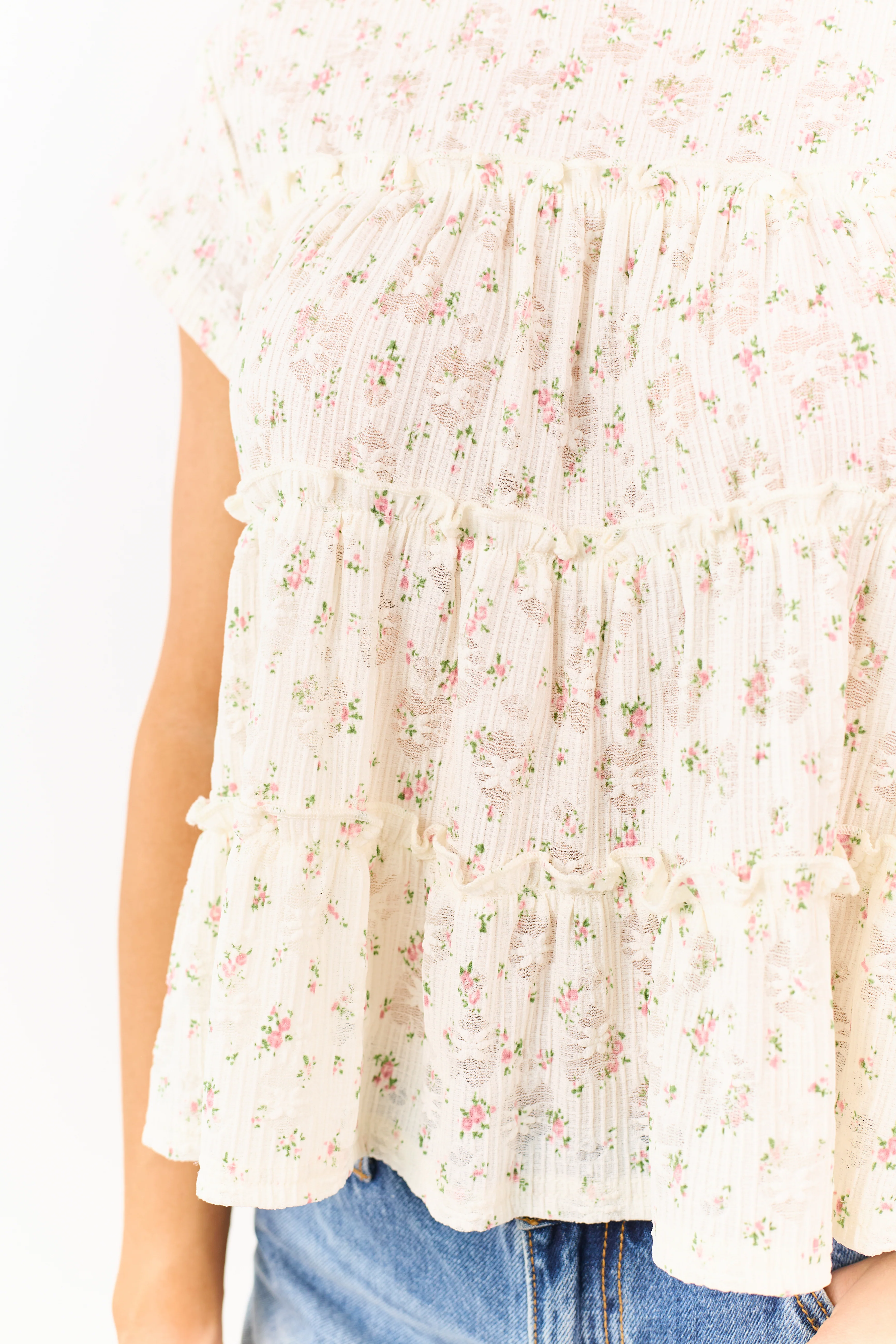 Cream Floral Print Tiered Short Sleeve Top - Image 6
