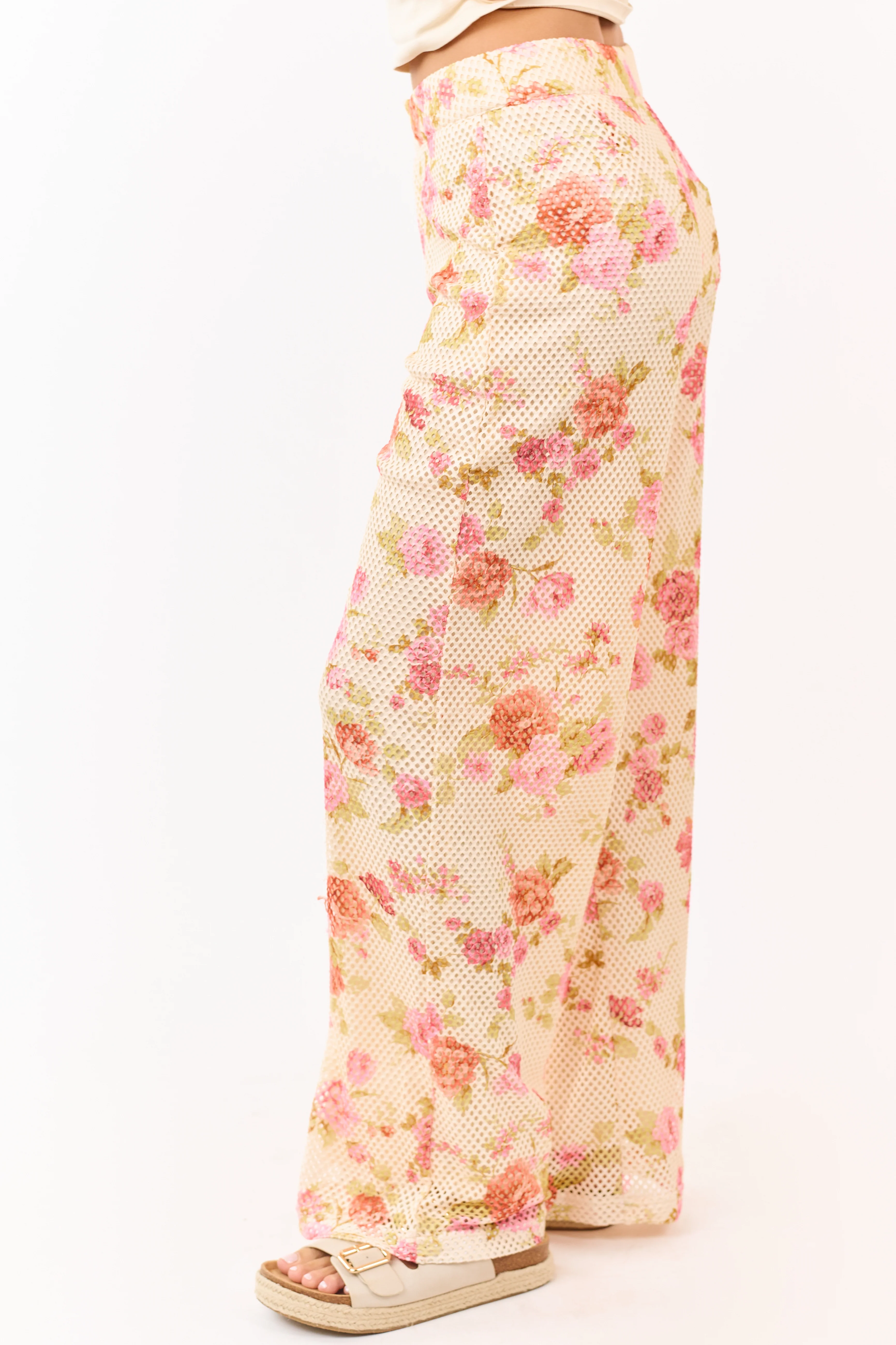 Cream Floral Print Wide Leg Scuba Knit Mesh Pants - Image 3