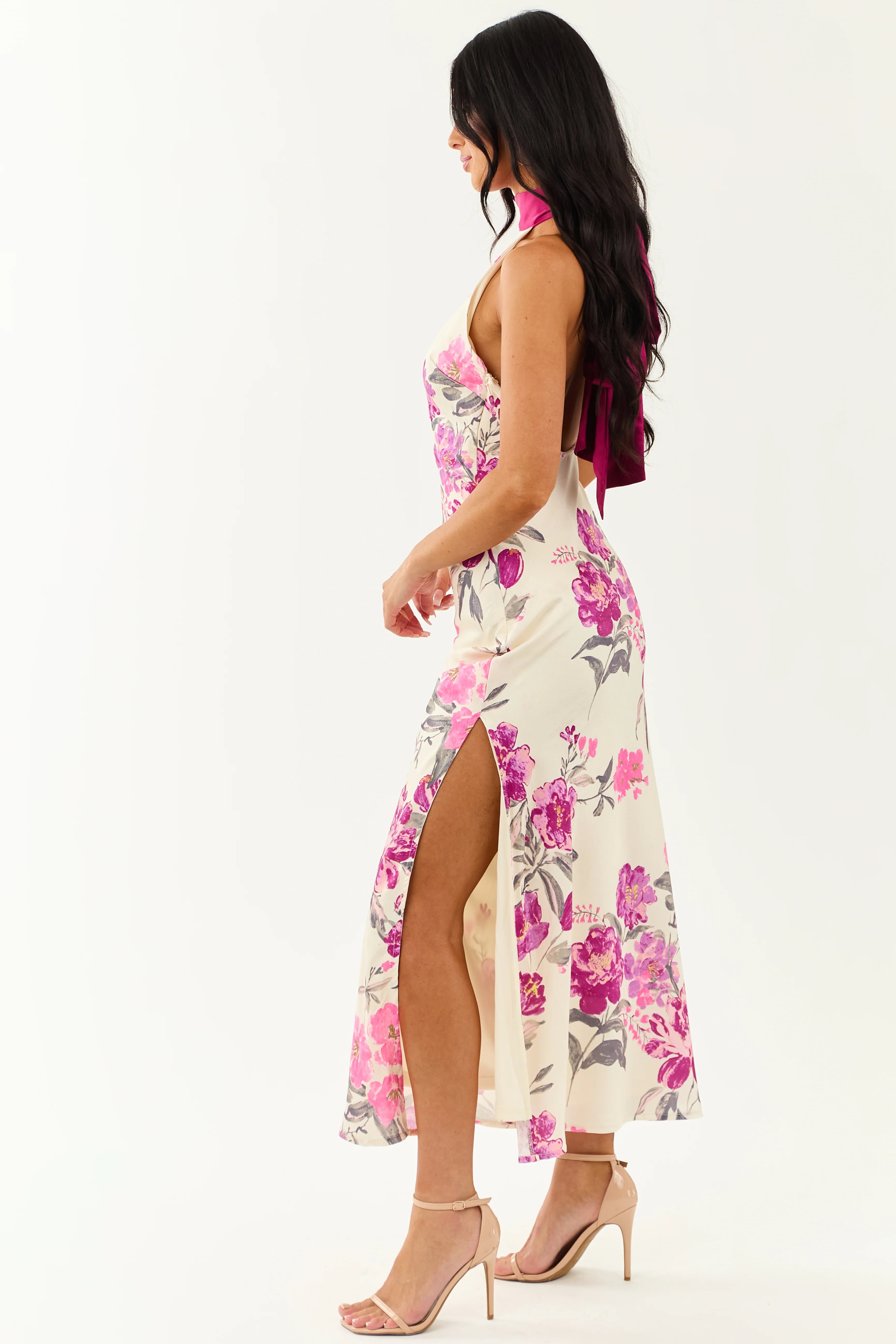 Cream Floral Satin Halter Neck Side Slit Maxi Dress - Image 4