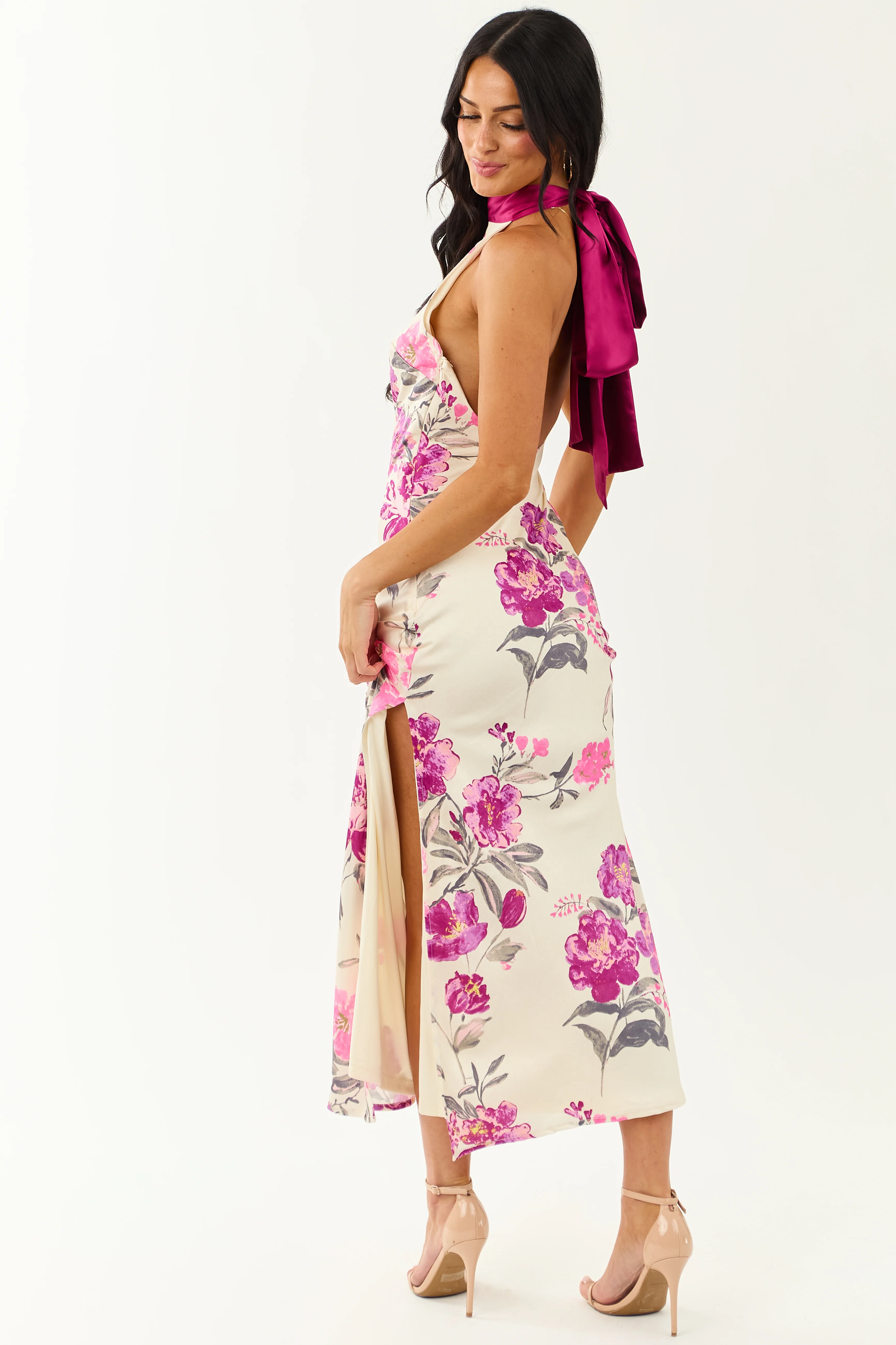 Cream Floral Satin Halter Neck Side Slit Maxi Dress - Image 5