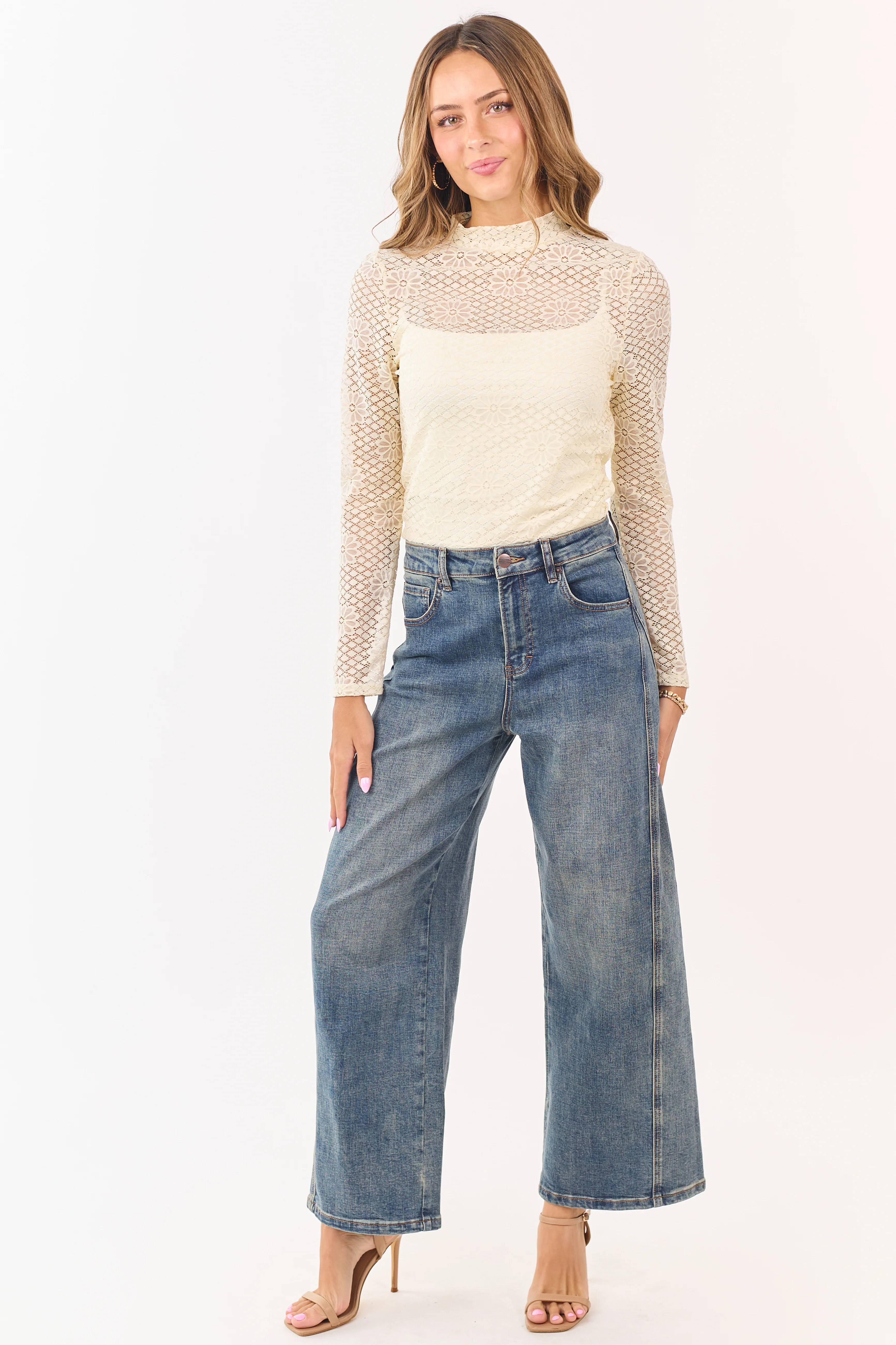 Cream Floral Sheer Lace Mock Neck Long Sleeve Top - Image 2