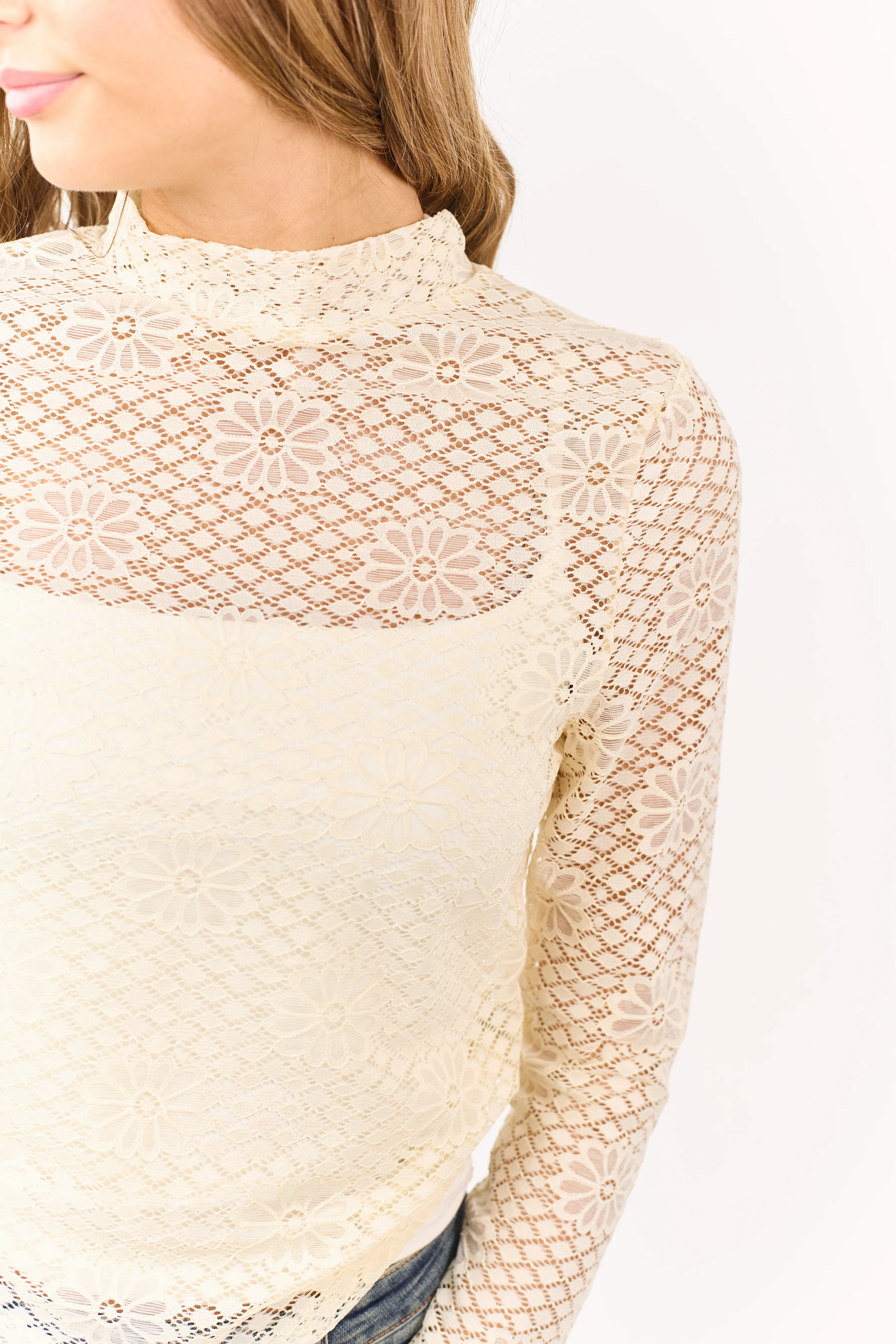 Cream Floral Sheer Lace Mock Neck Long Sleeve Top - Image 6