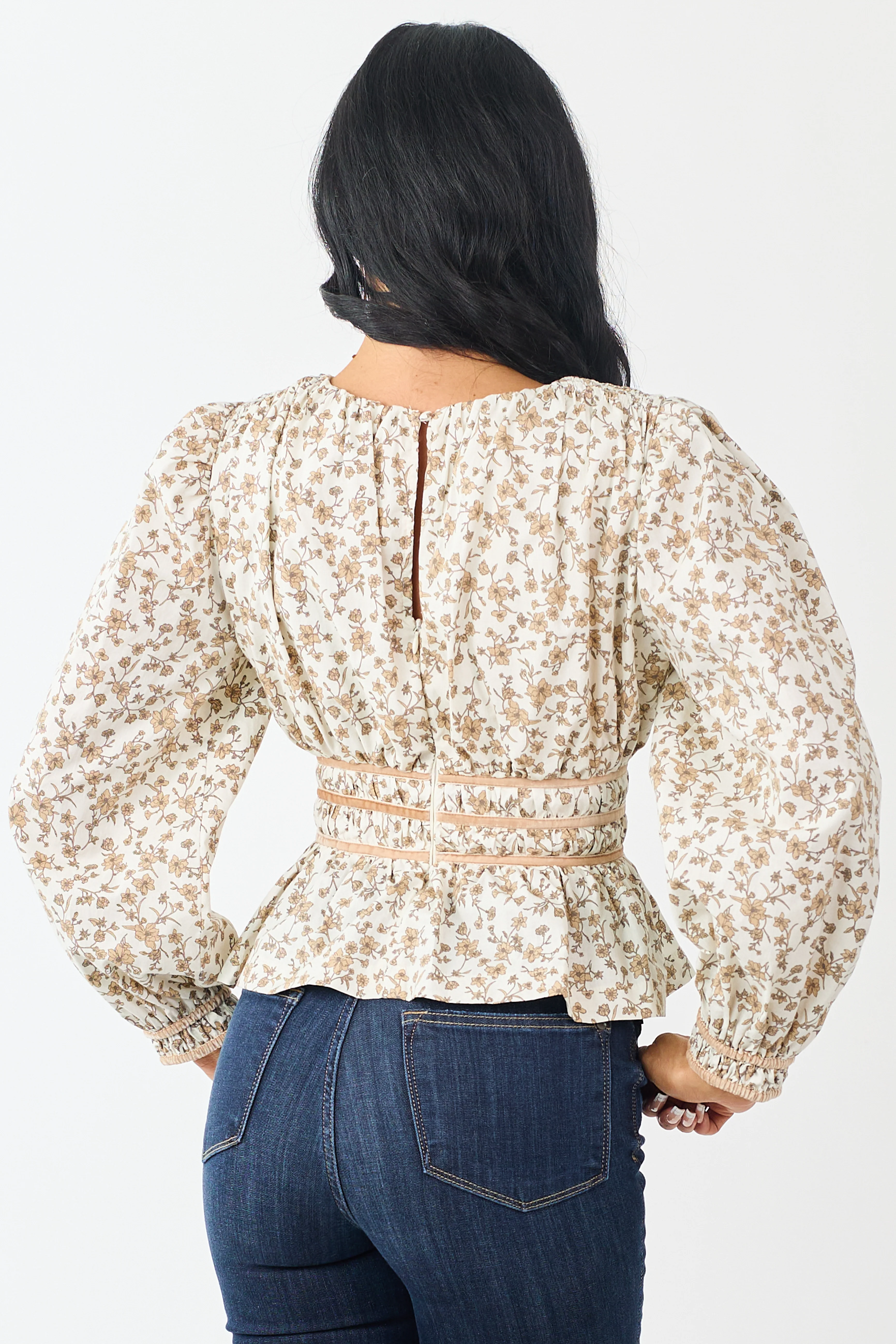 Cream Floral Smocked Waist Peplum Cotton Top - Image 5