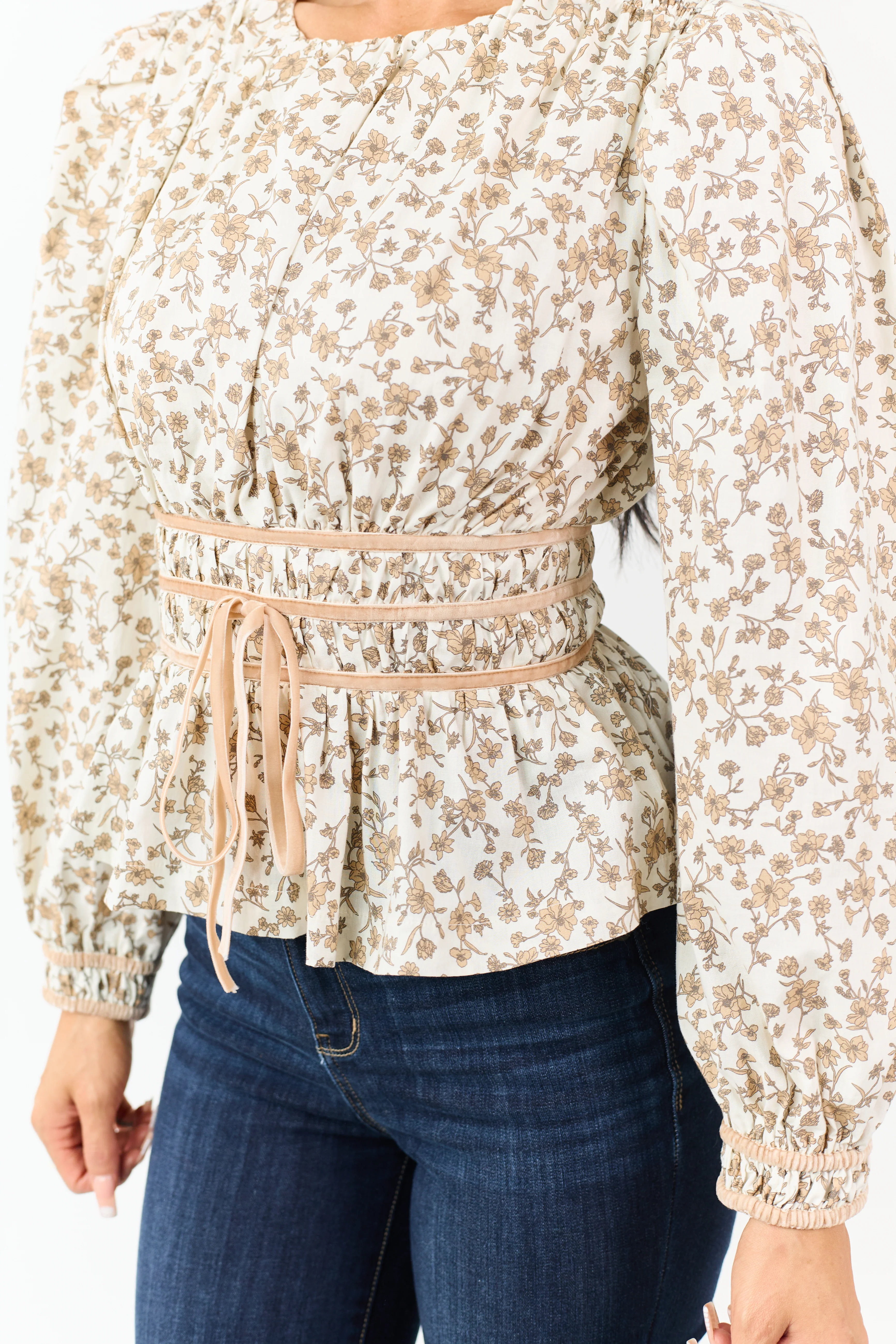 Cream Floral Smocked Waist Peplum Cotton Top - Image 6