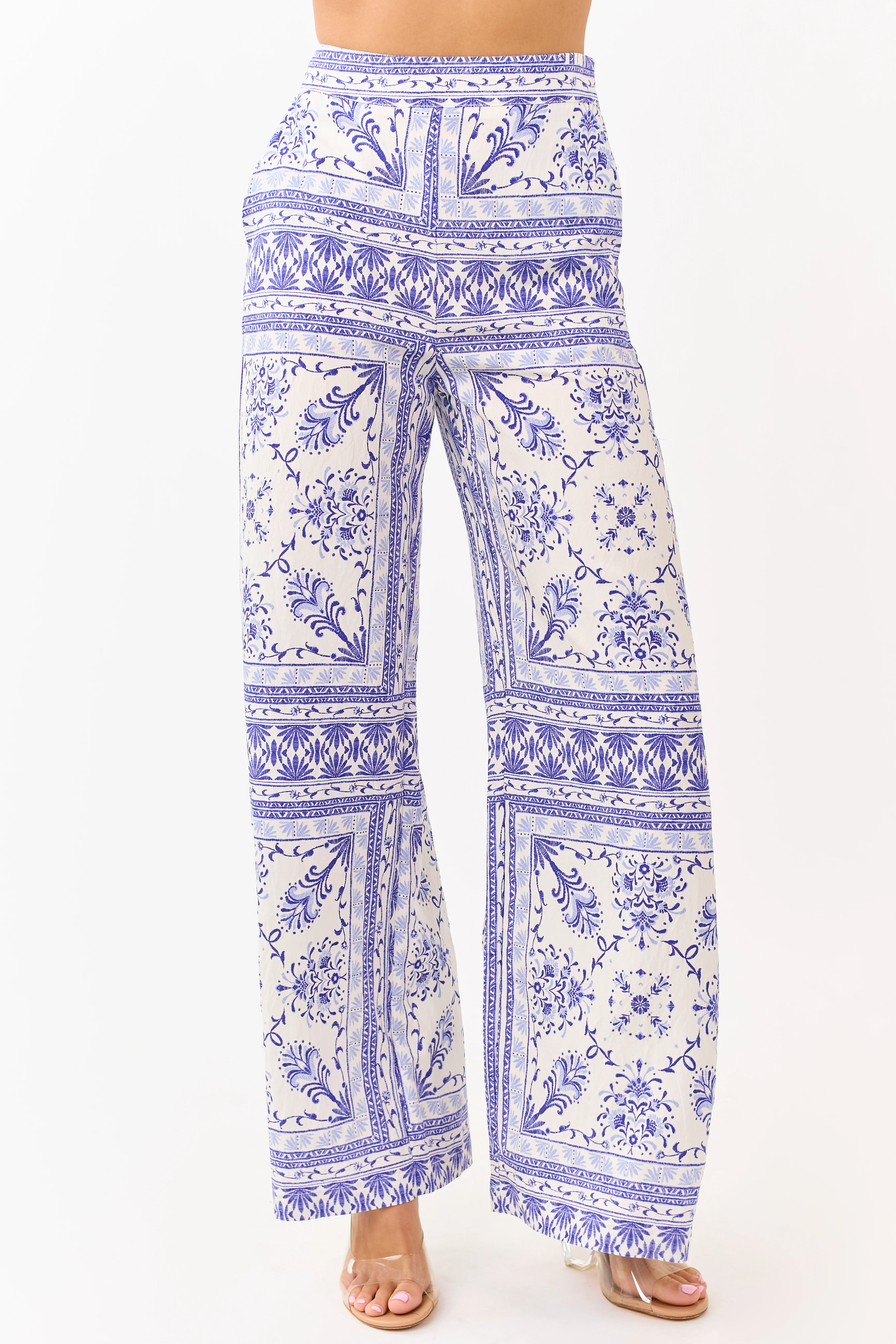 Cream Floral Tile Print Lightweight Wide Leg Pants - Image 2