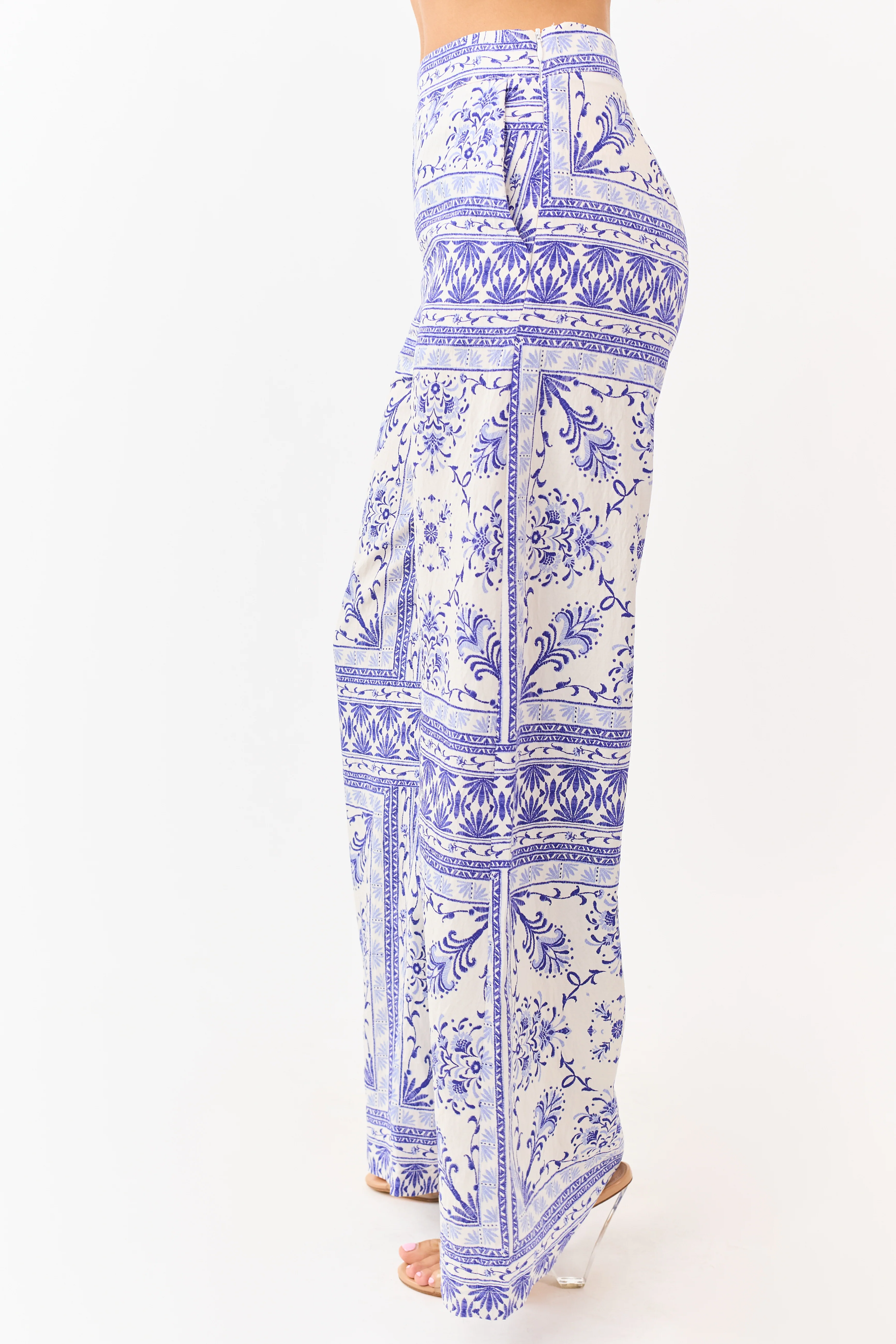 Cream Floral Tile Print Lightweight Wide Leg Pants - Image 3