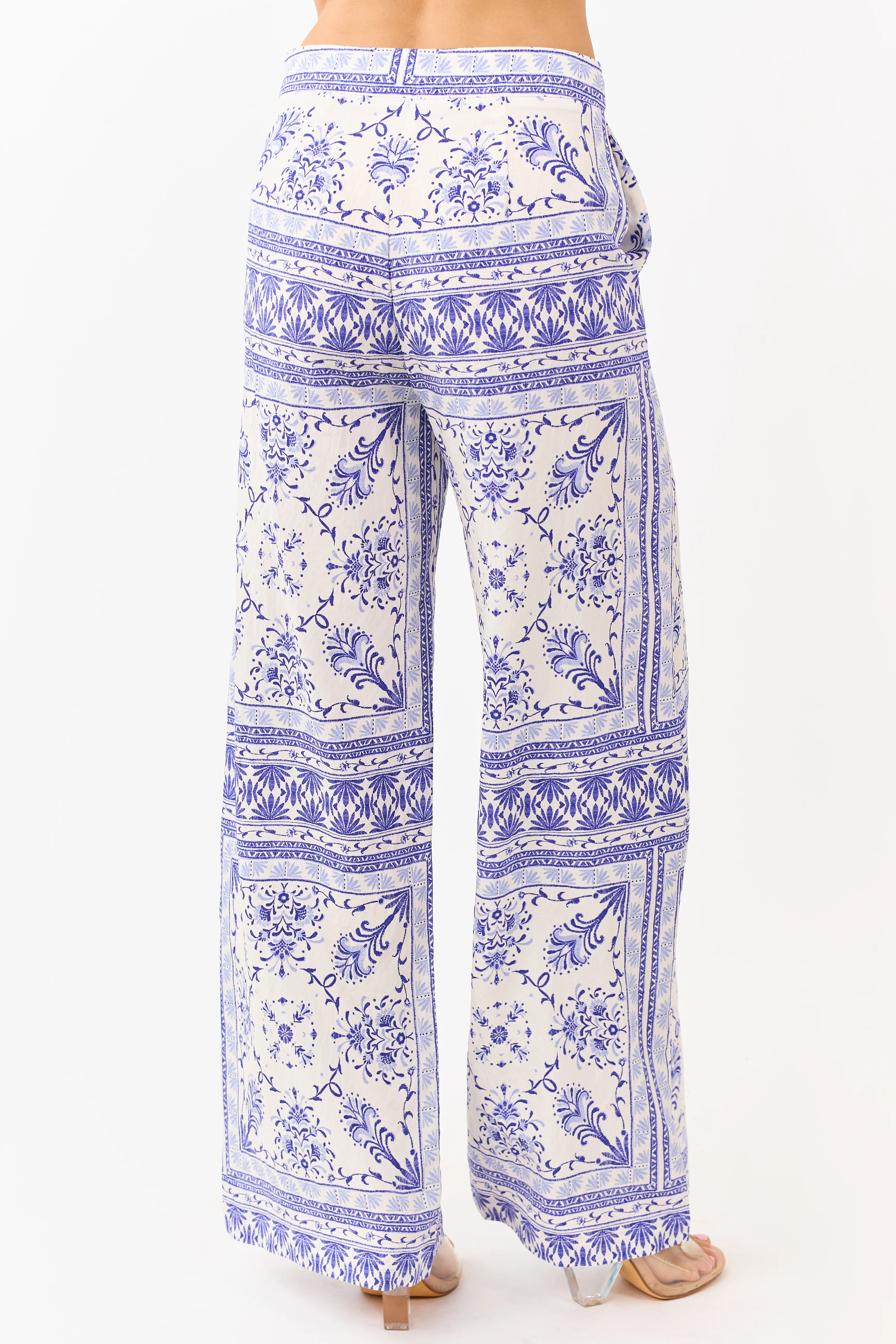 Cream Floral Tile Print Lightweight Wide Leg Pants - Image 4