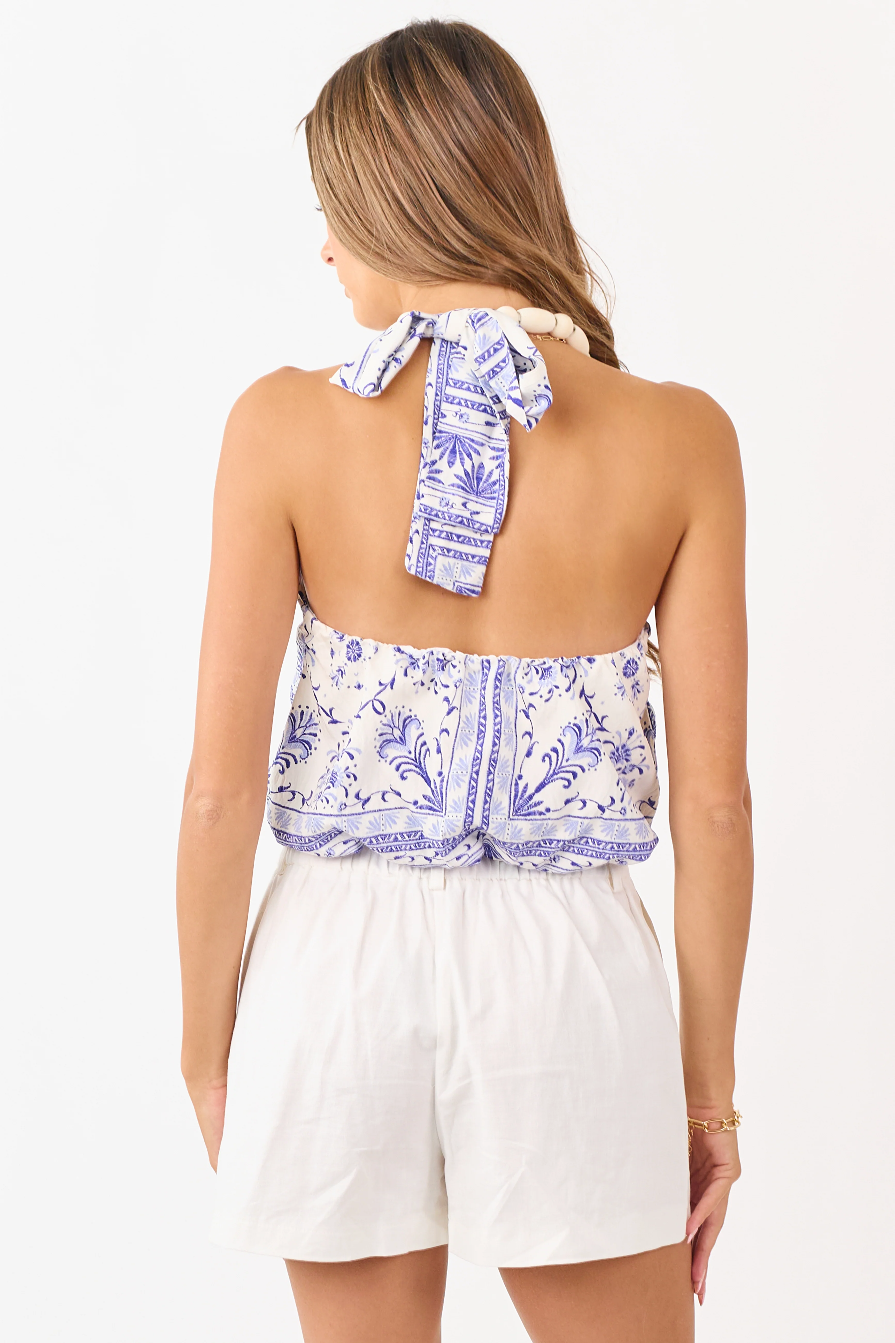 Cream Floral Tile Print Wooden Beaded Halter Top - Image 6