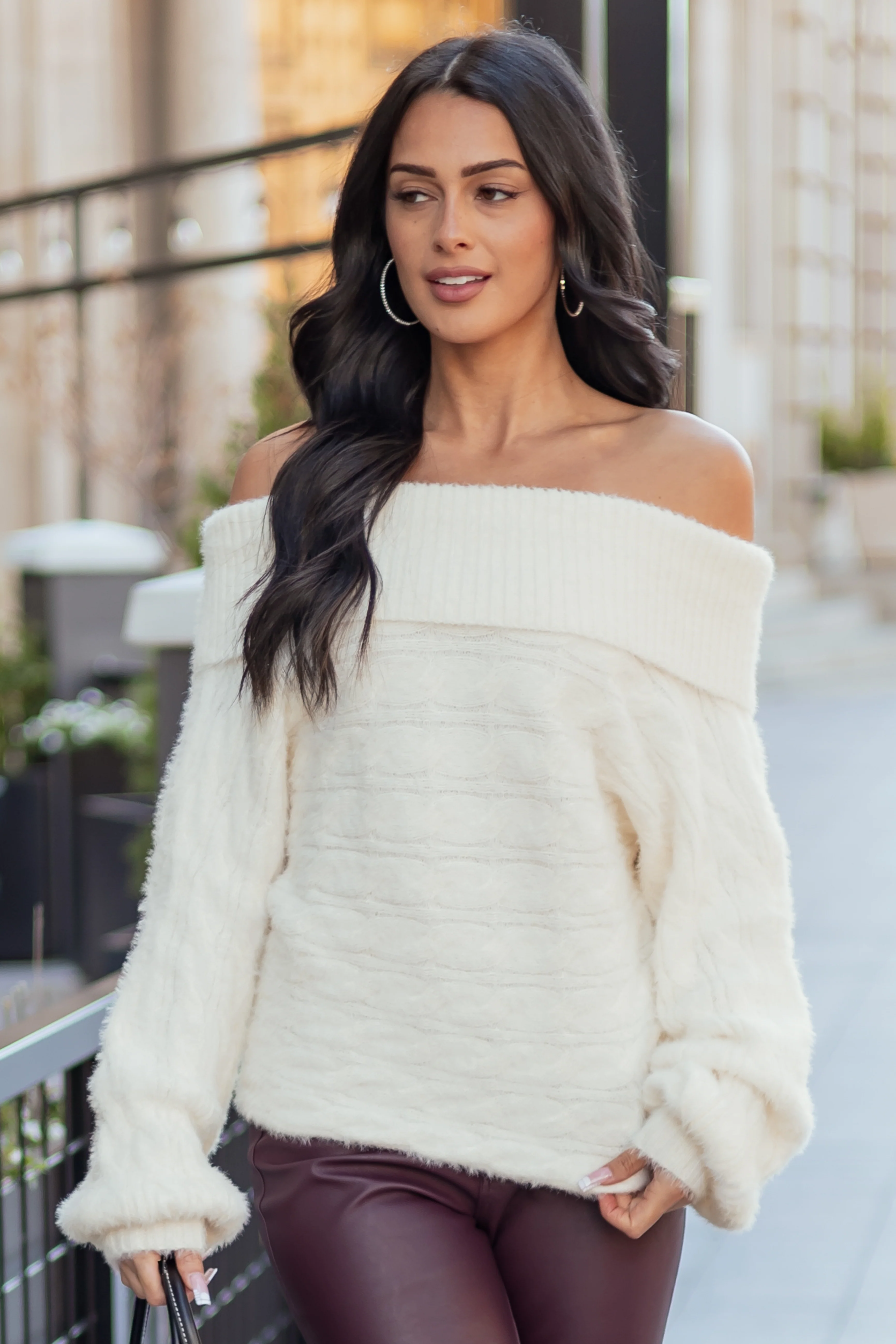 Cream Fold Over Off Shoulder Eyelash Knit Sweater - Image 2