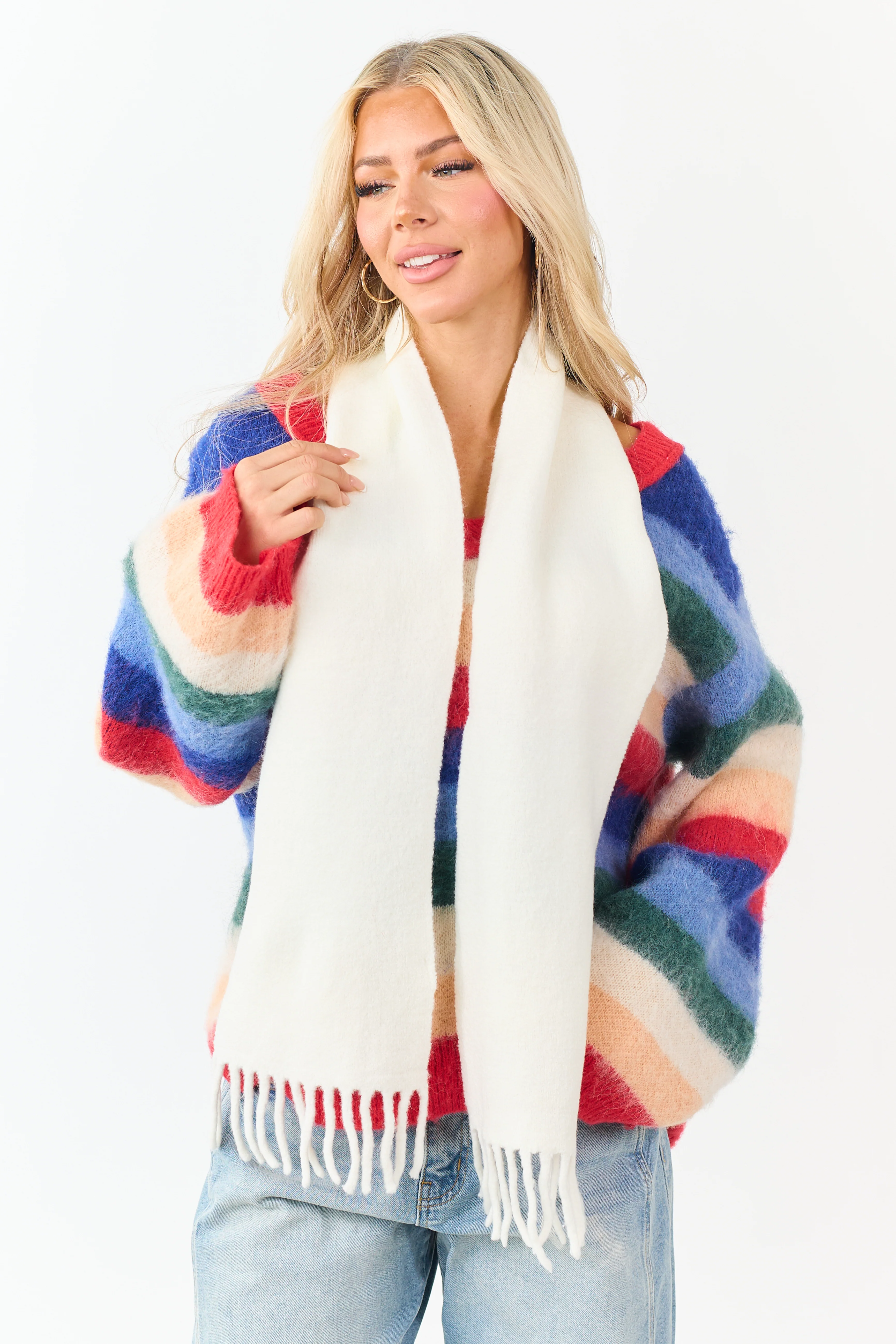 Cream Fringe End Soft Knit Scarf - Image 2