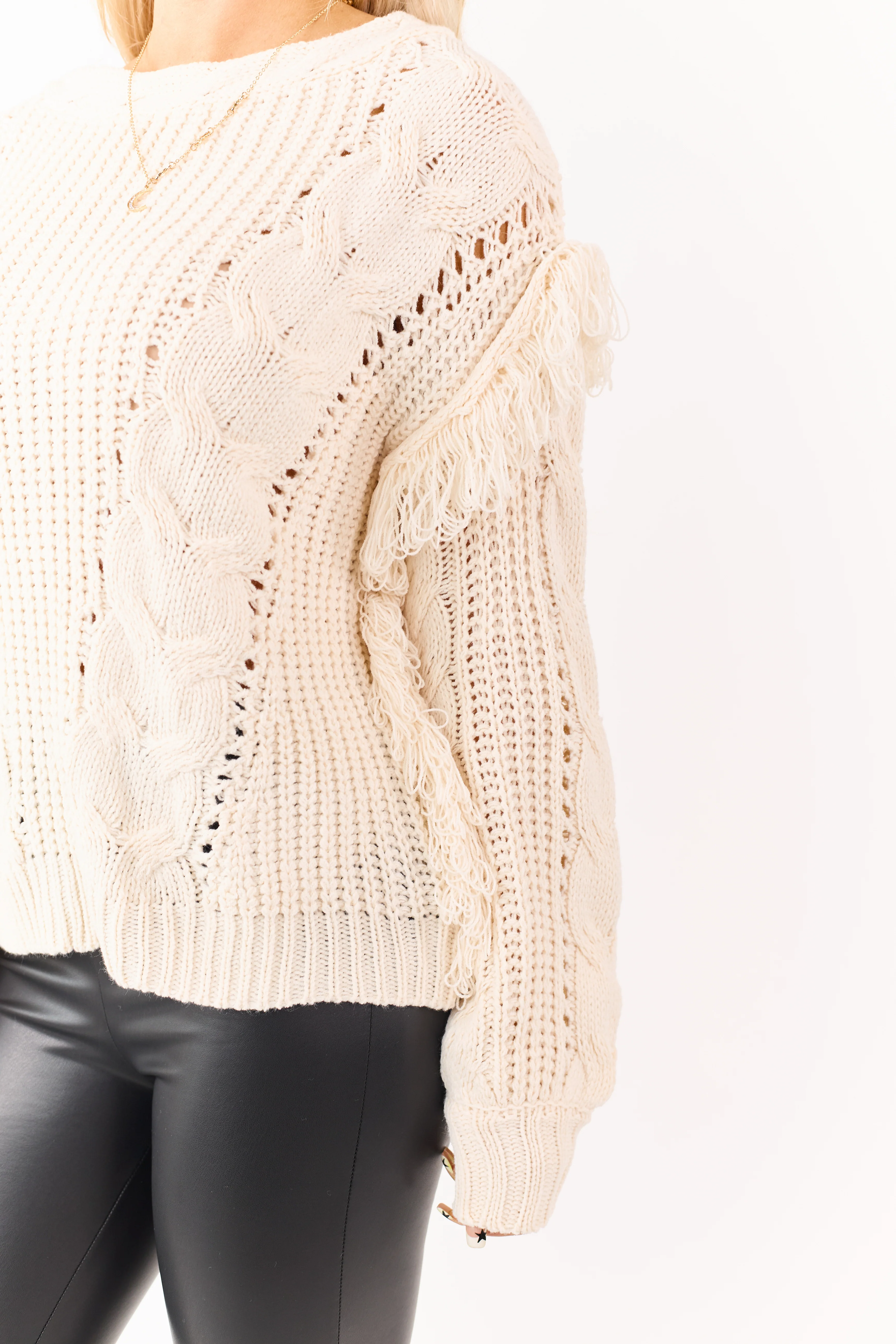 Cream Fringe Sleeve Cable Knit Pointelle Sweater - Image 2