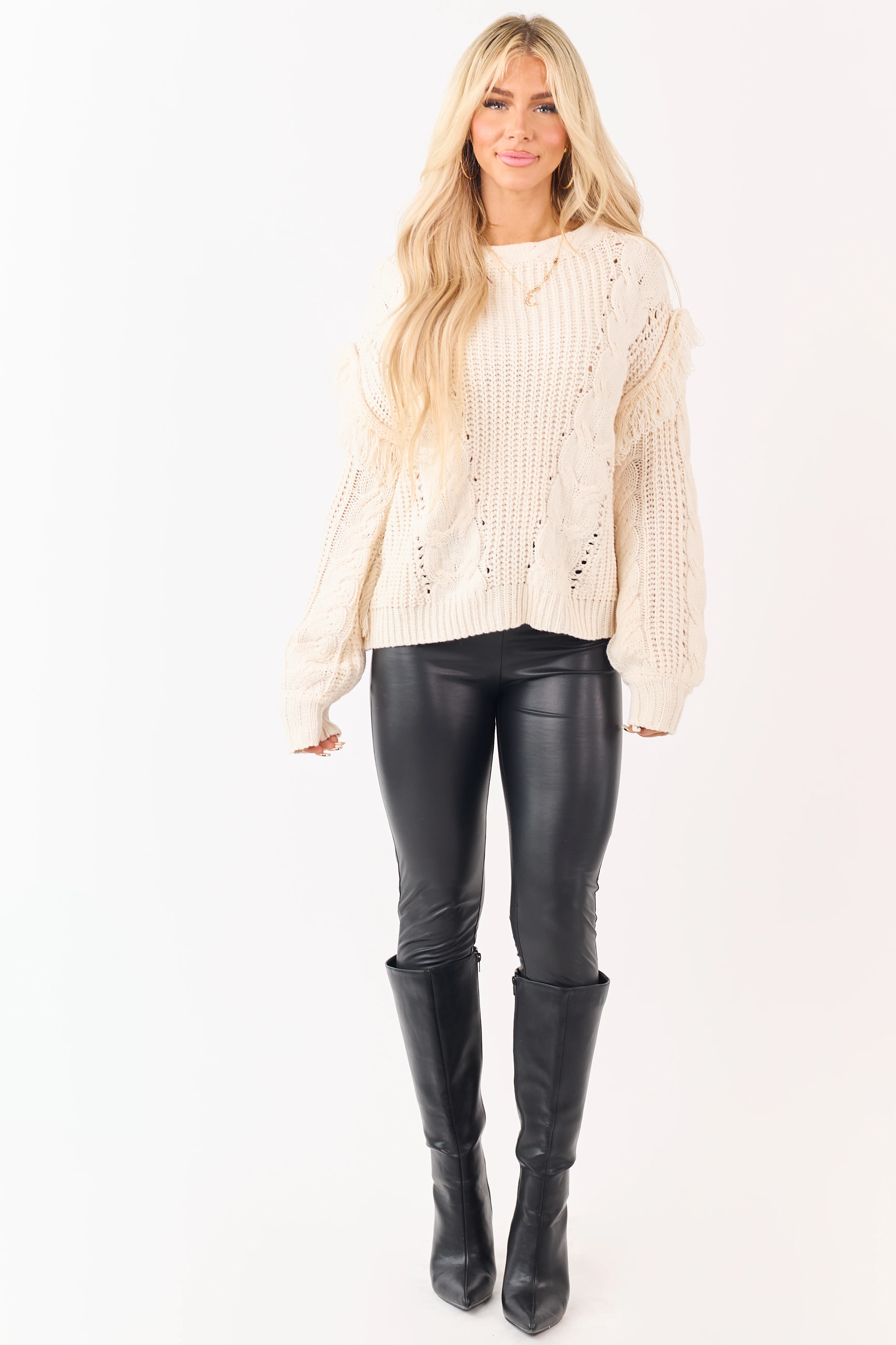 Cream Fringe Sleeve Cable Knit Pointelle Sweater - Image 5