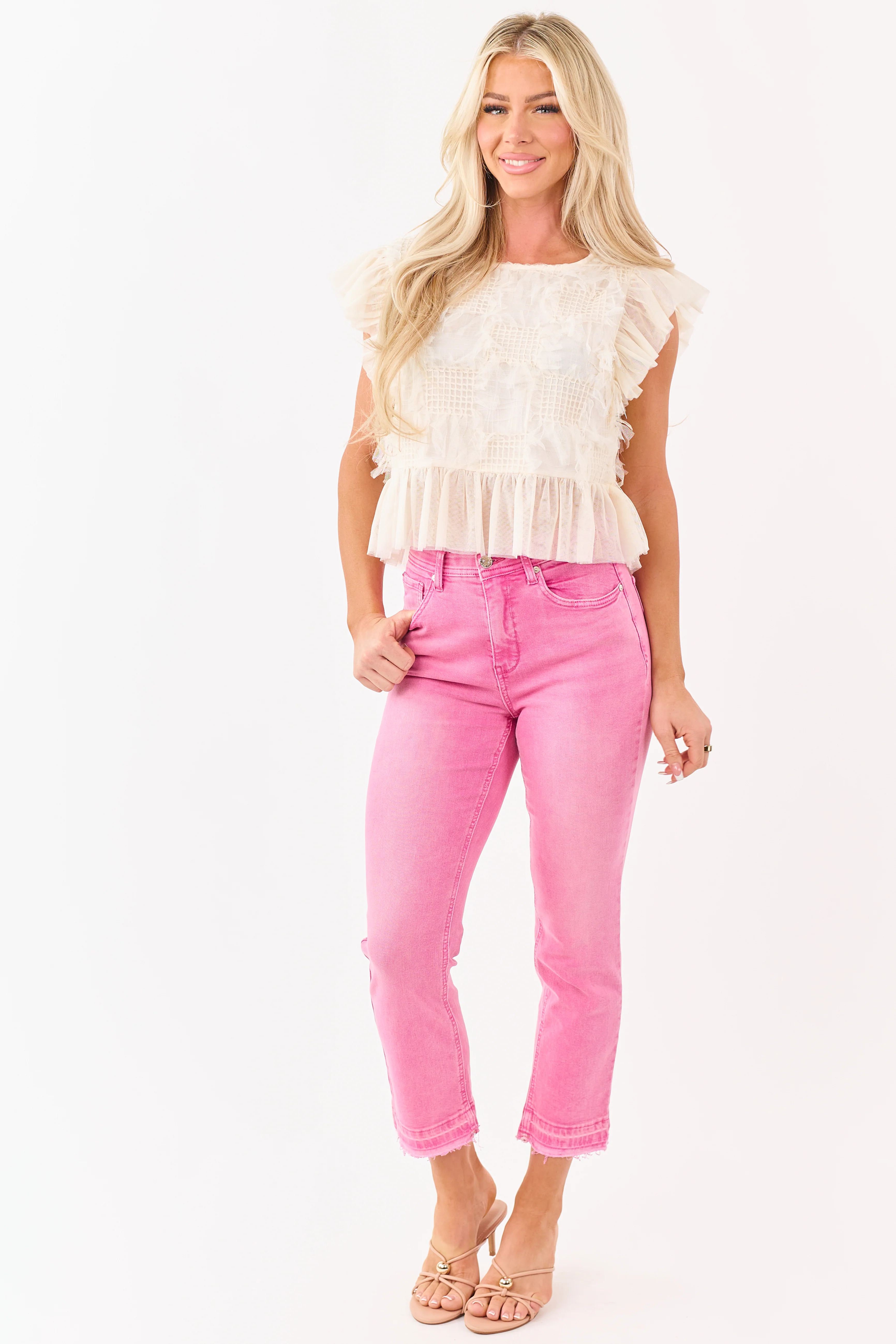 Cream Fringe Tulle Mesh Ruffle Trim Top - Image 4