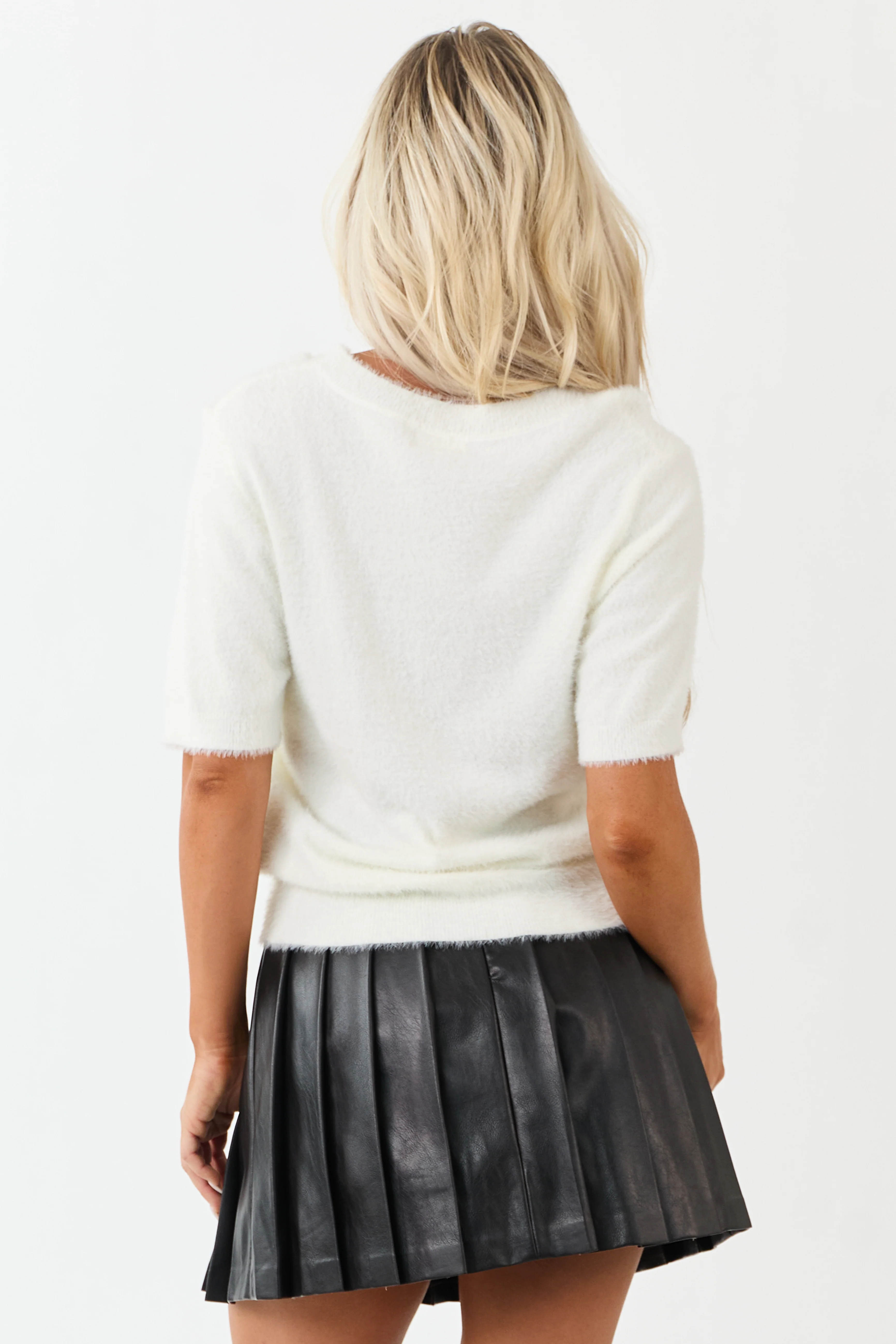 Cream Fuzzy Knit Half Sleeve Top - Image 5